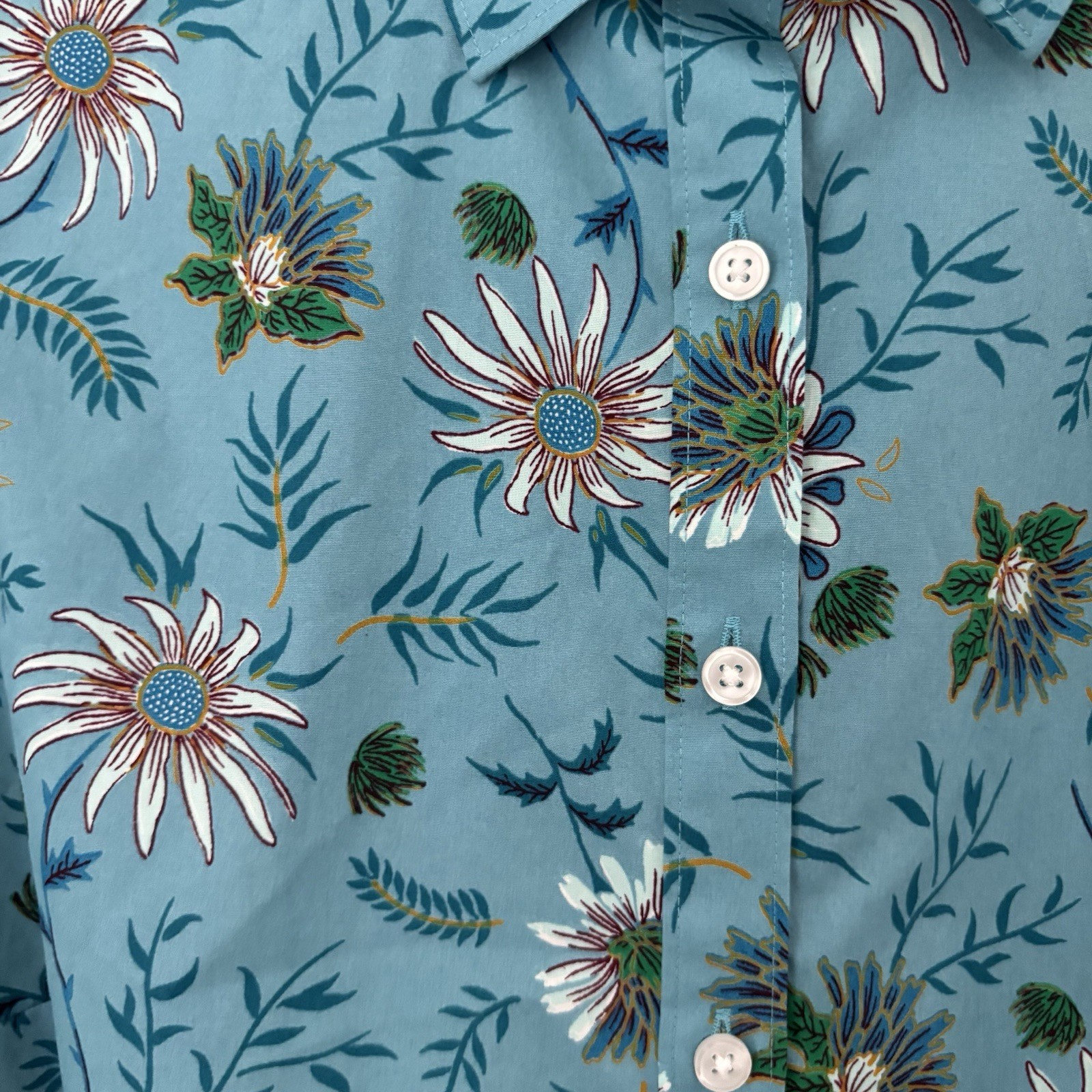Lands’ End Top Womens 16W Blue Floral Button Up Tunic No-Iron Supima Long Sleeve