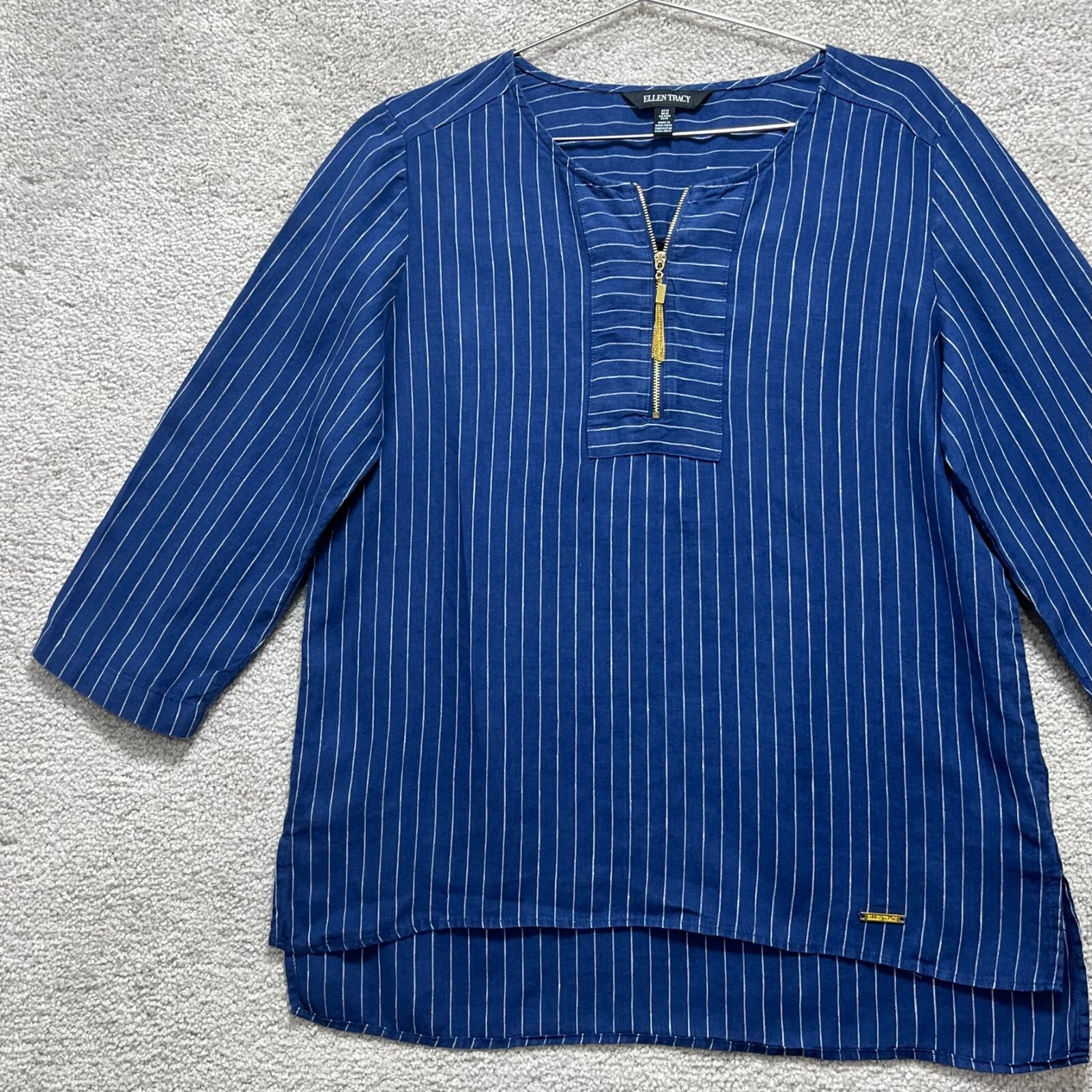 Ellen Tracy Top Women’s Medium Linen Blue Striped 3/4 Sleeve Quarter Zip