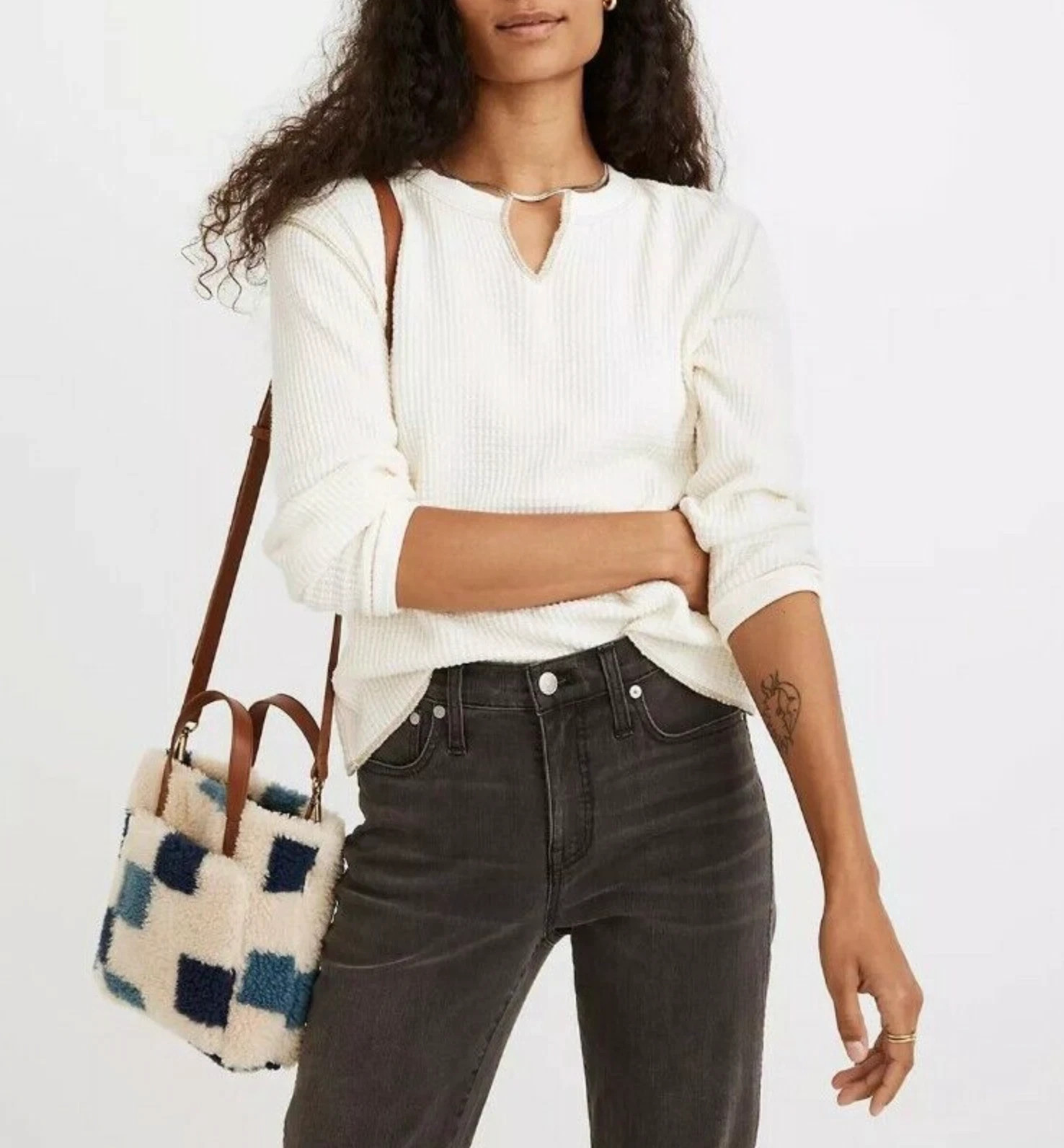 Madewell Women’s Waffle Knit Long Sleeve Top Size XS Split Neck Cream Color