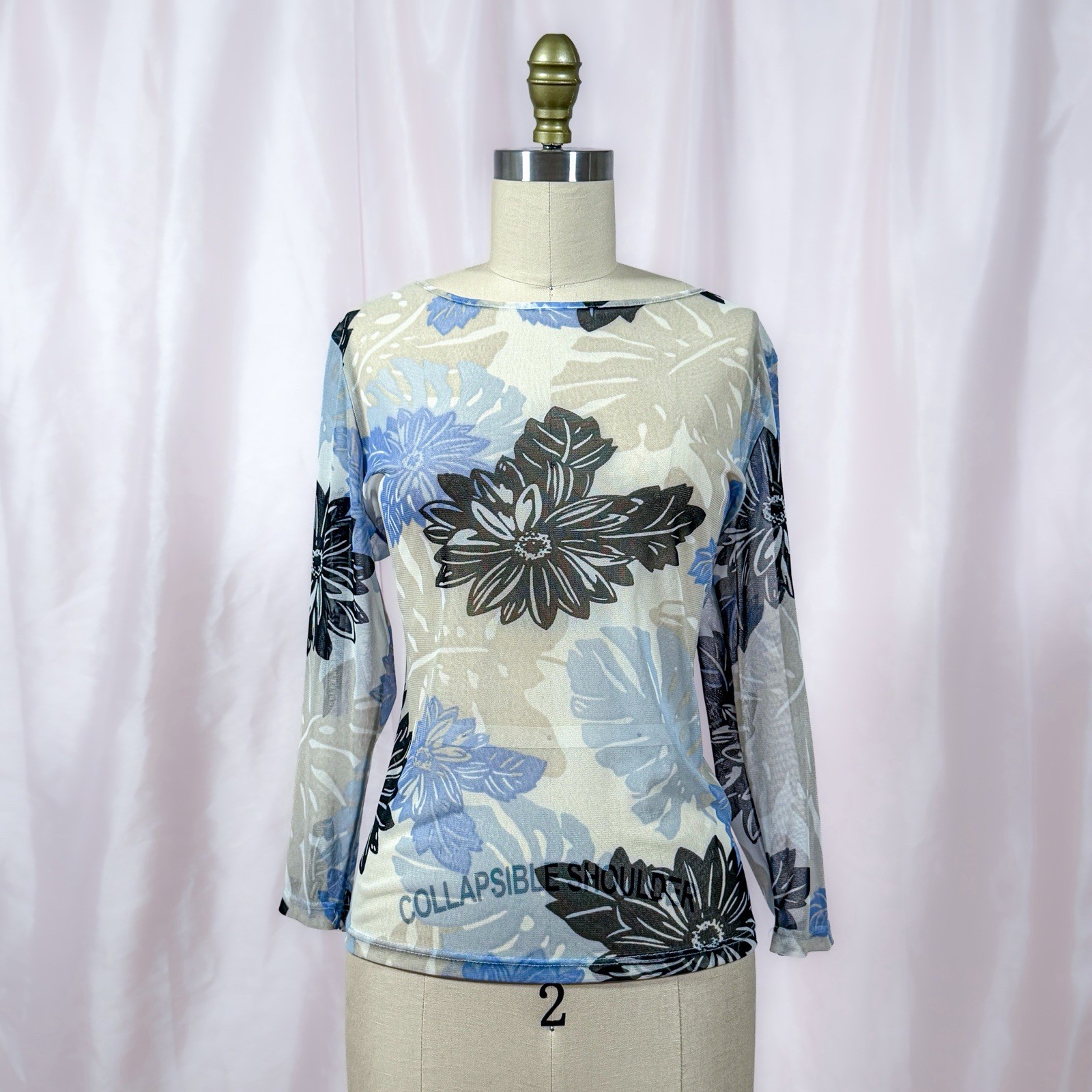 Vintage 90s Y2K New York & Company Blue Floral Mesh Top | Sheer Nylon | Size M