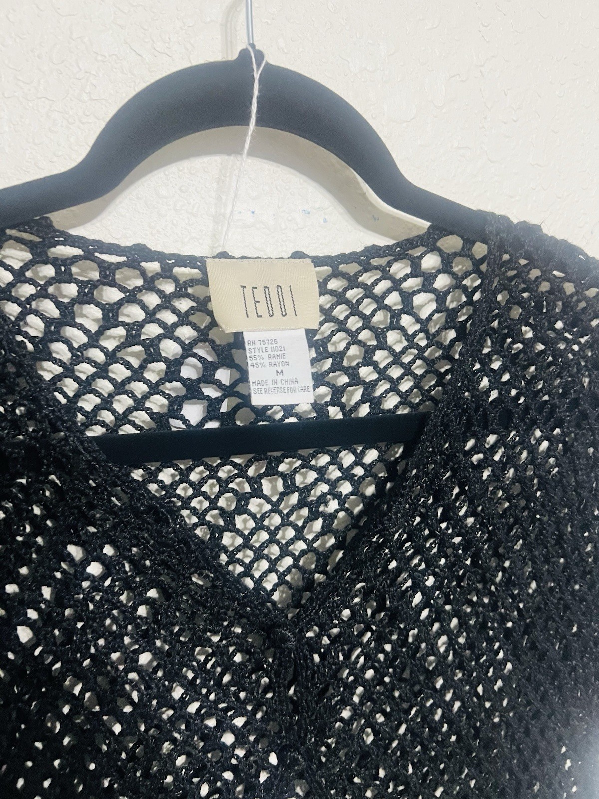 TEDDI Black Solid Open Crochet V-Neck Short Sleeve Tie Front Cardigan M