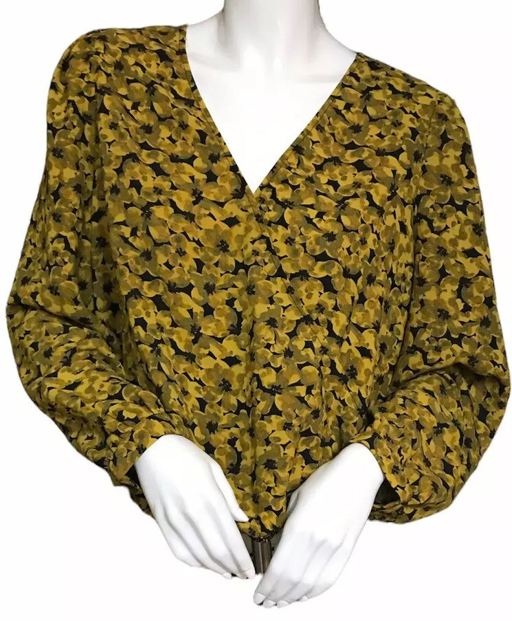 A NEW DAY Top Faux Wrap Blouson Floral Gold Black Long Sleeve New with Tags