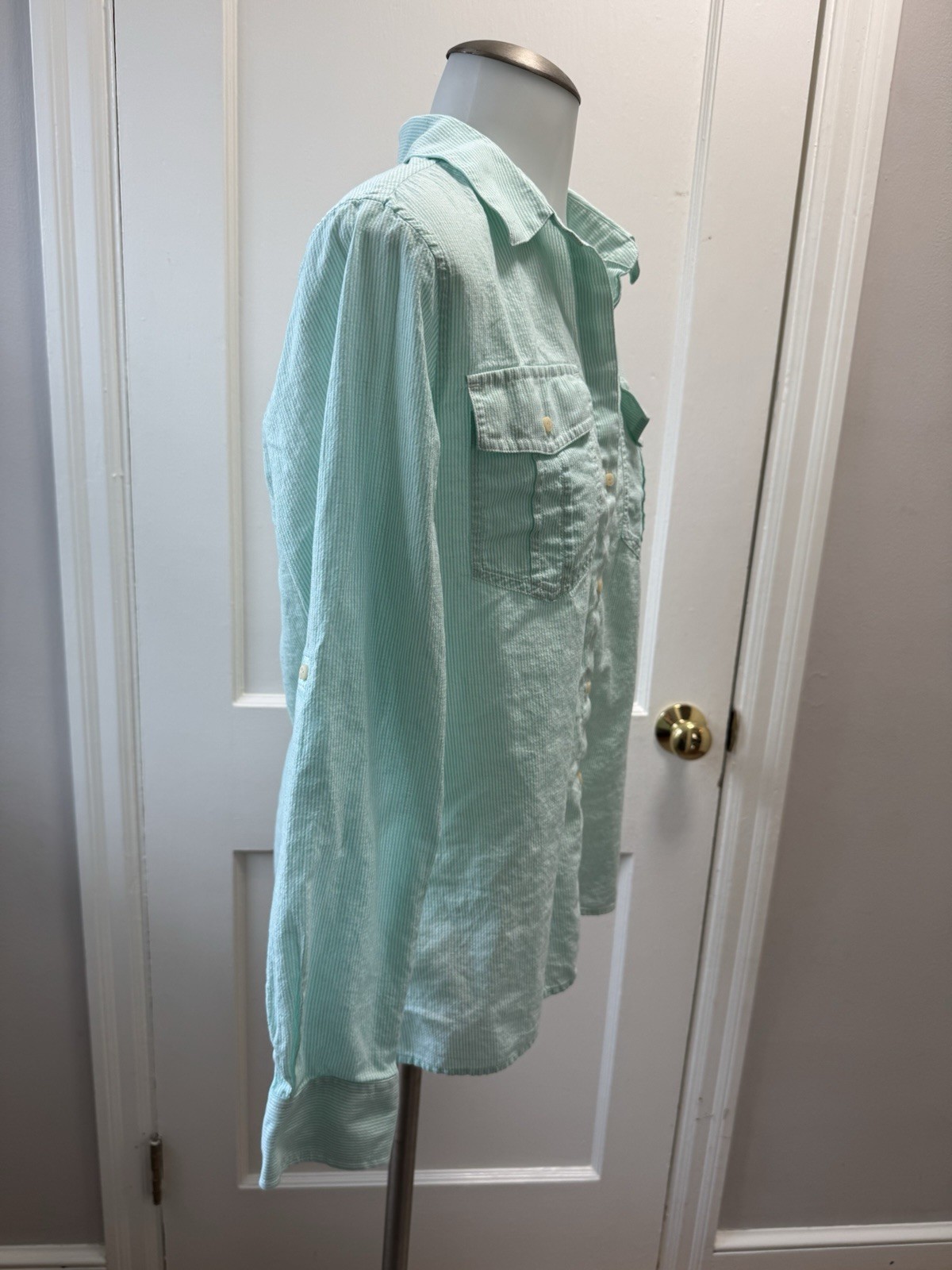 Patagonia Small Organic Cotton Hemp Green White Stripe Roll Tab Button Up Shirt