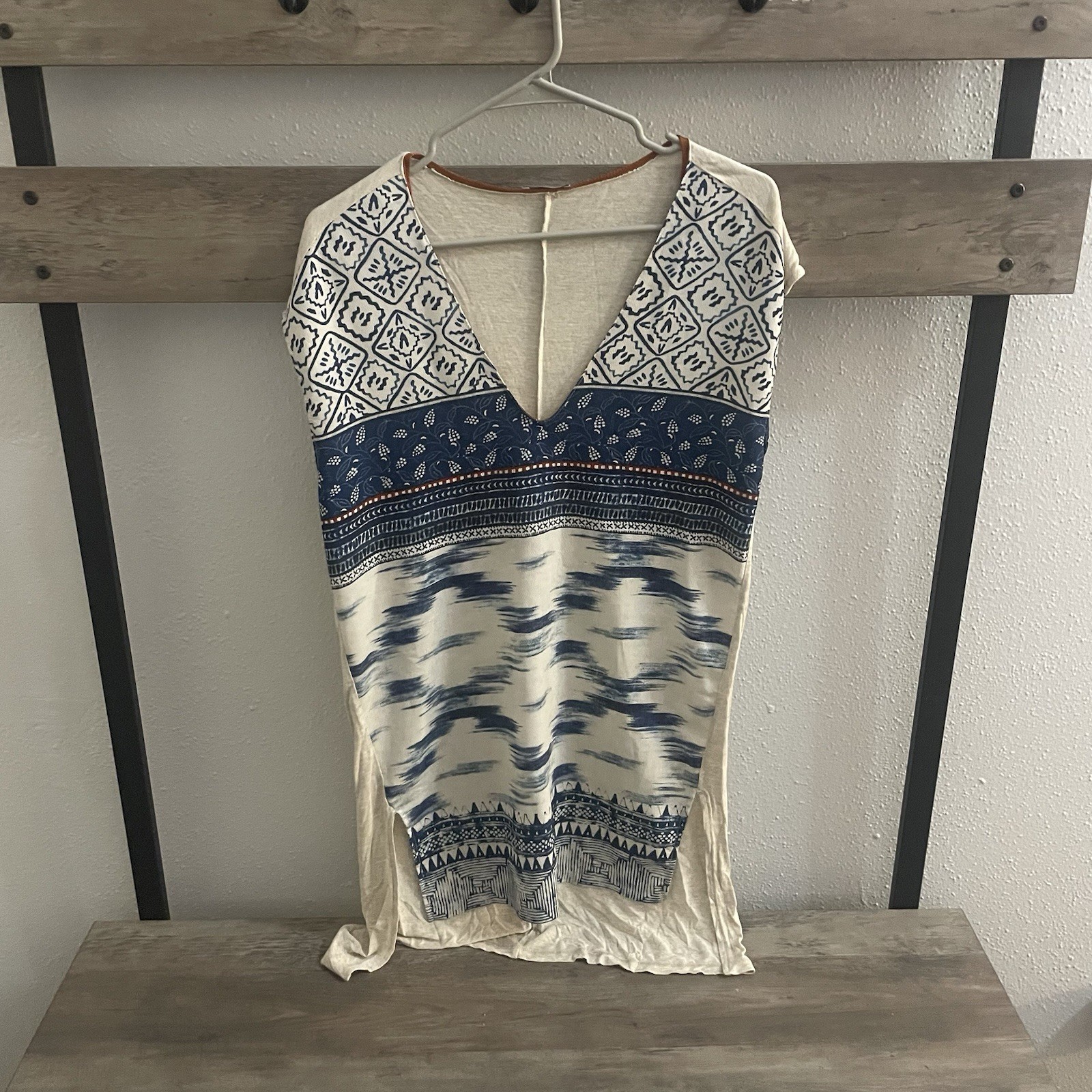 ZARA Women’s Asymmetrical Tunic Top Blue/Cream Boho Patterned U.S. Small