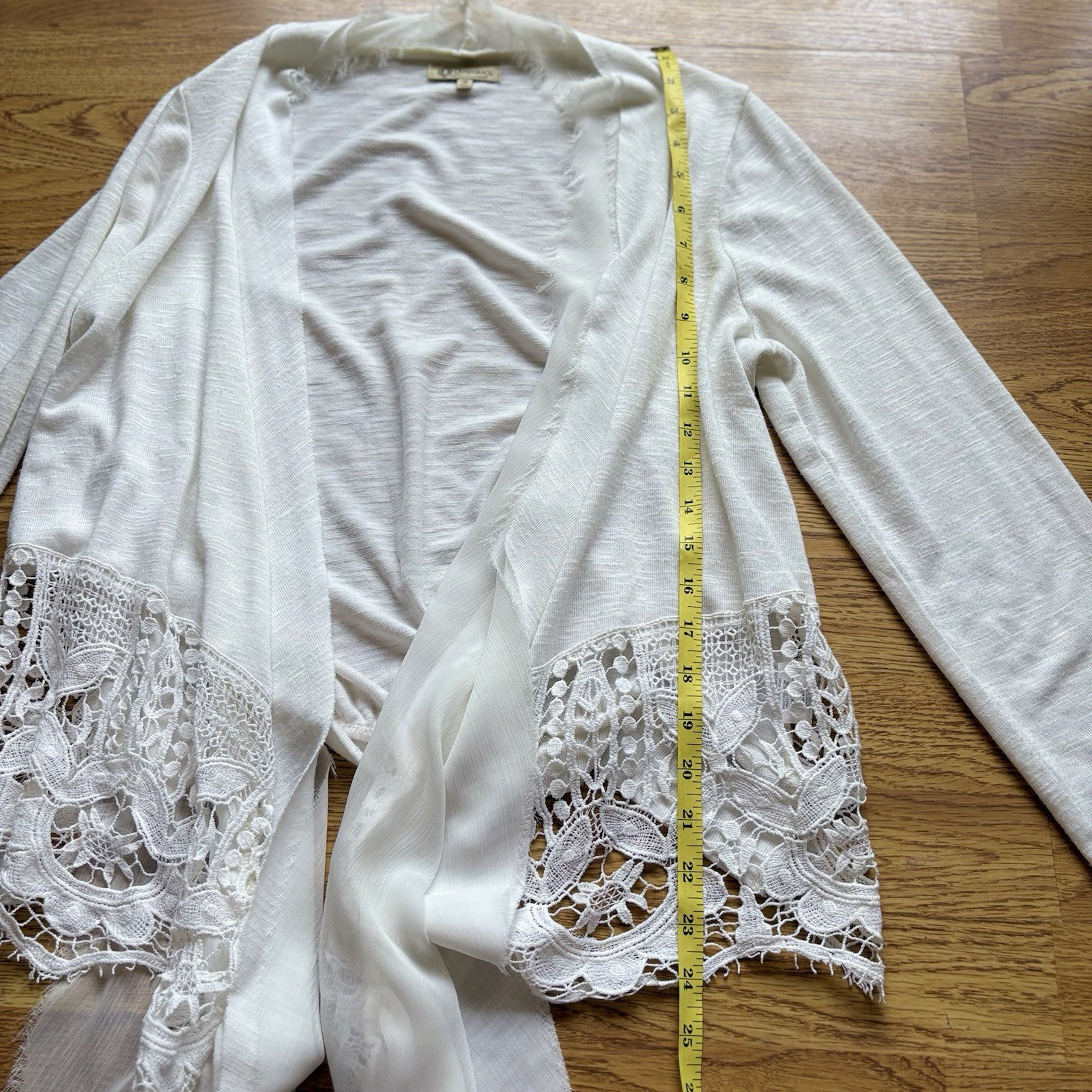 Democracy Cream Open-Front Waterfall Cardiganw Lace Trim Roll Sleeve Boho Sz M