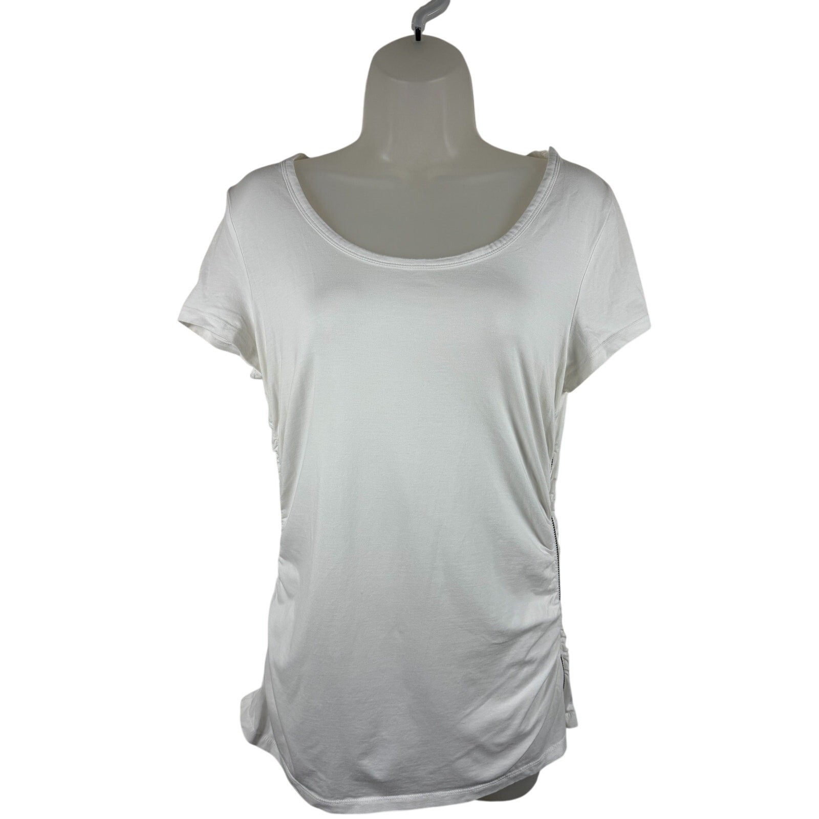 Michael Kors White Side Zip Ruched Scoop Neck Stretch Tee Top Women’s Large