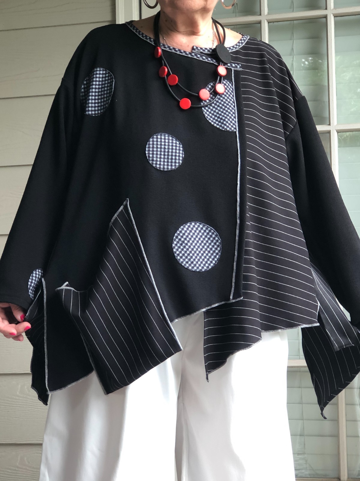 Artsy Lagenlook Stripe Dot Black Asymmetric Tunic Top Gothic Necklace Plus Size