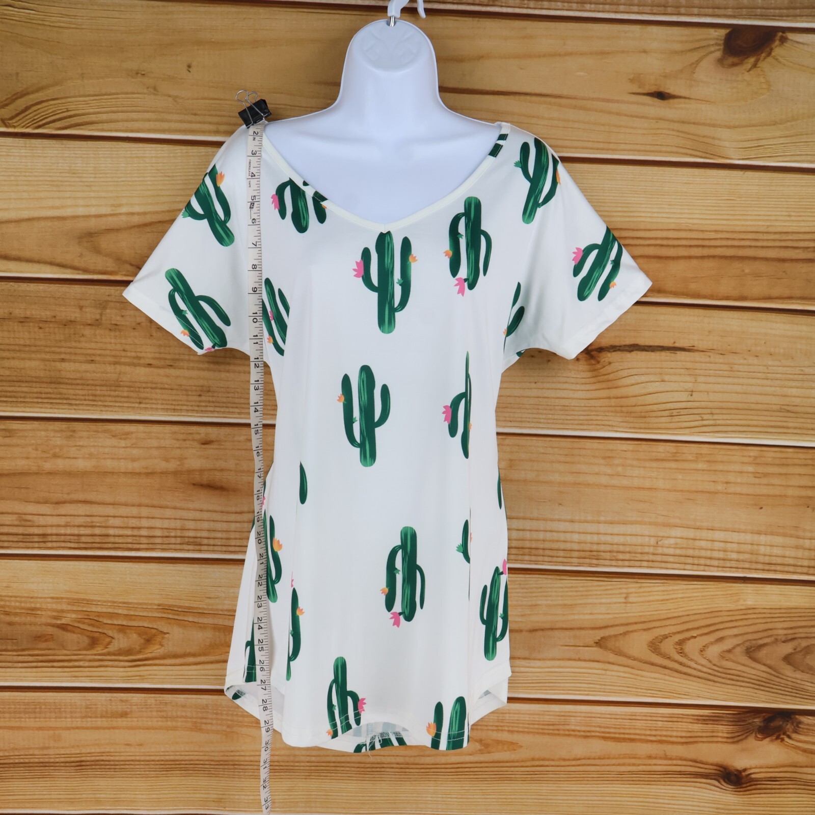 Tickled Teal Short Sleeve Shirt Womens Size L White Cactus Stretch V-Neck Soft