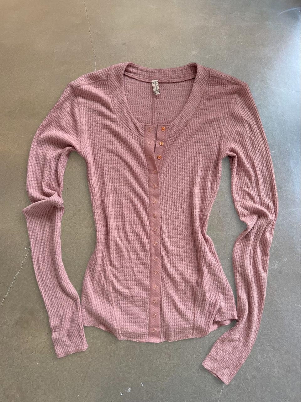 Free People Pink Waffle Knit Long Sleeve Thermal Henley Top Size M
