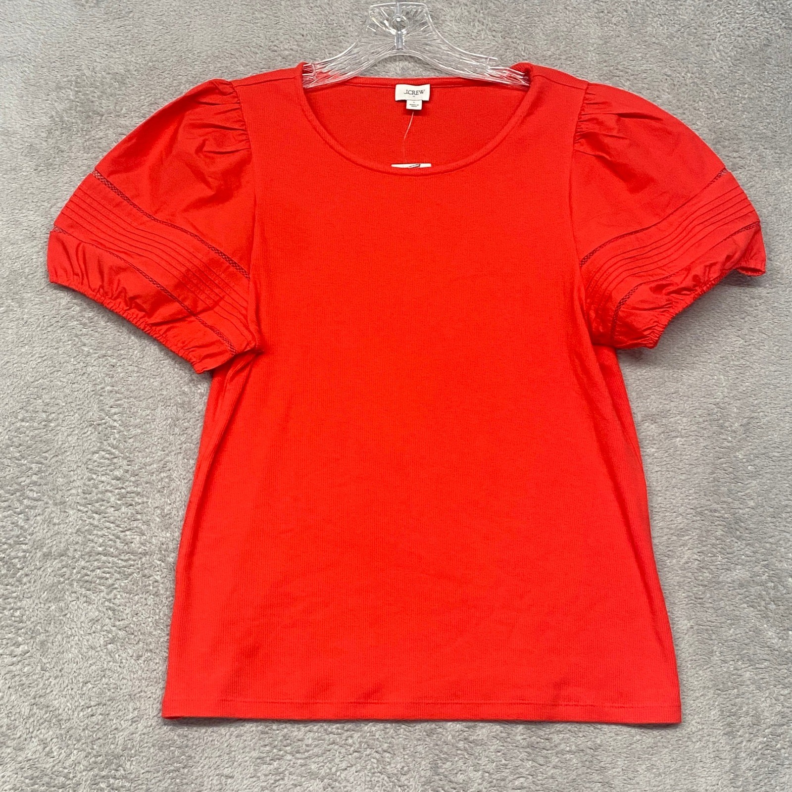 J Crew Shirt Womens Large Red Puff Sleeve Pintuck Ribbed Top CQ468 NWT