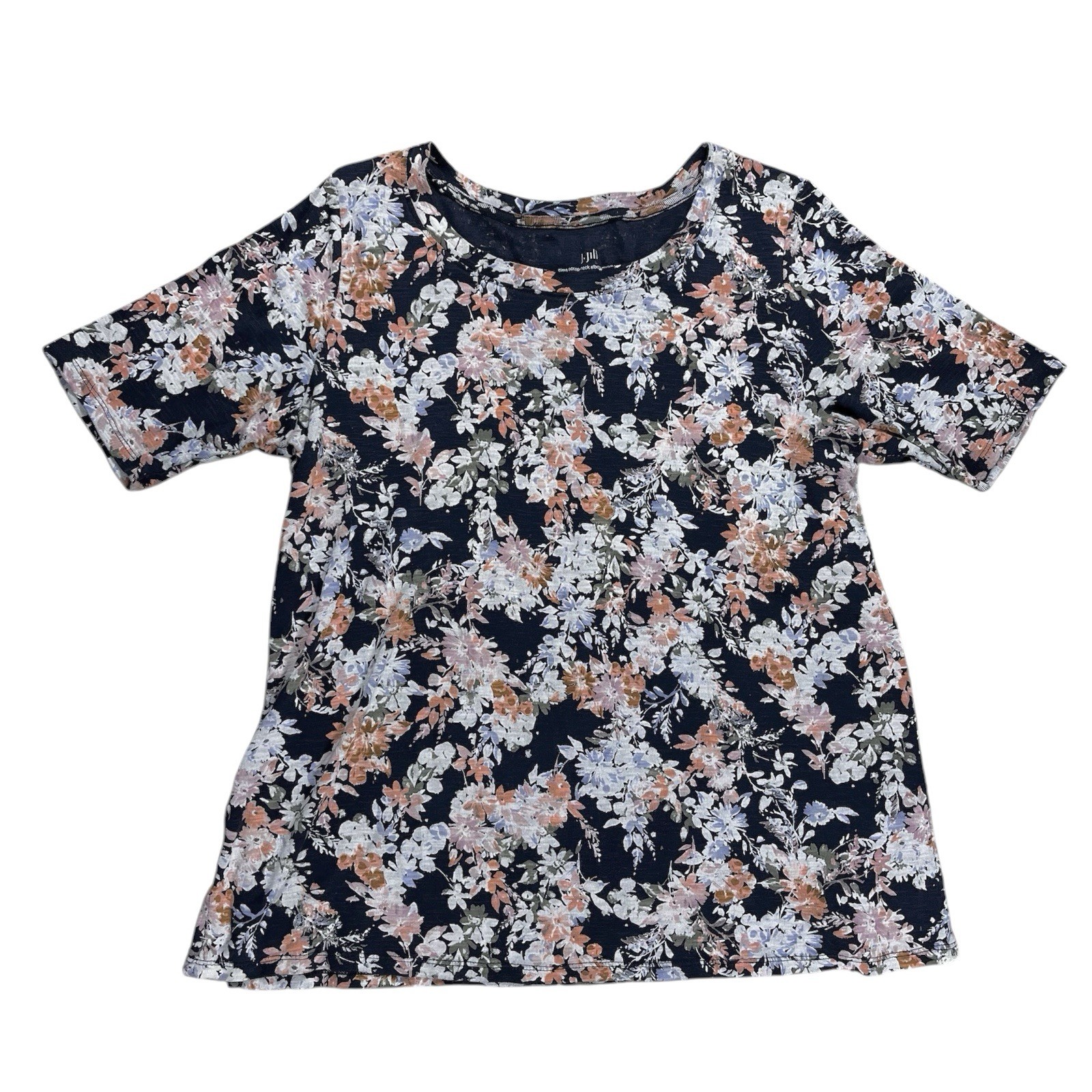 J.Jill Pima Scoop Neck Elbow Sleeve Tee Navy Floral 100% Pima Cotton Medium
