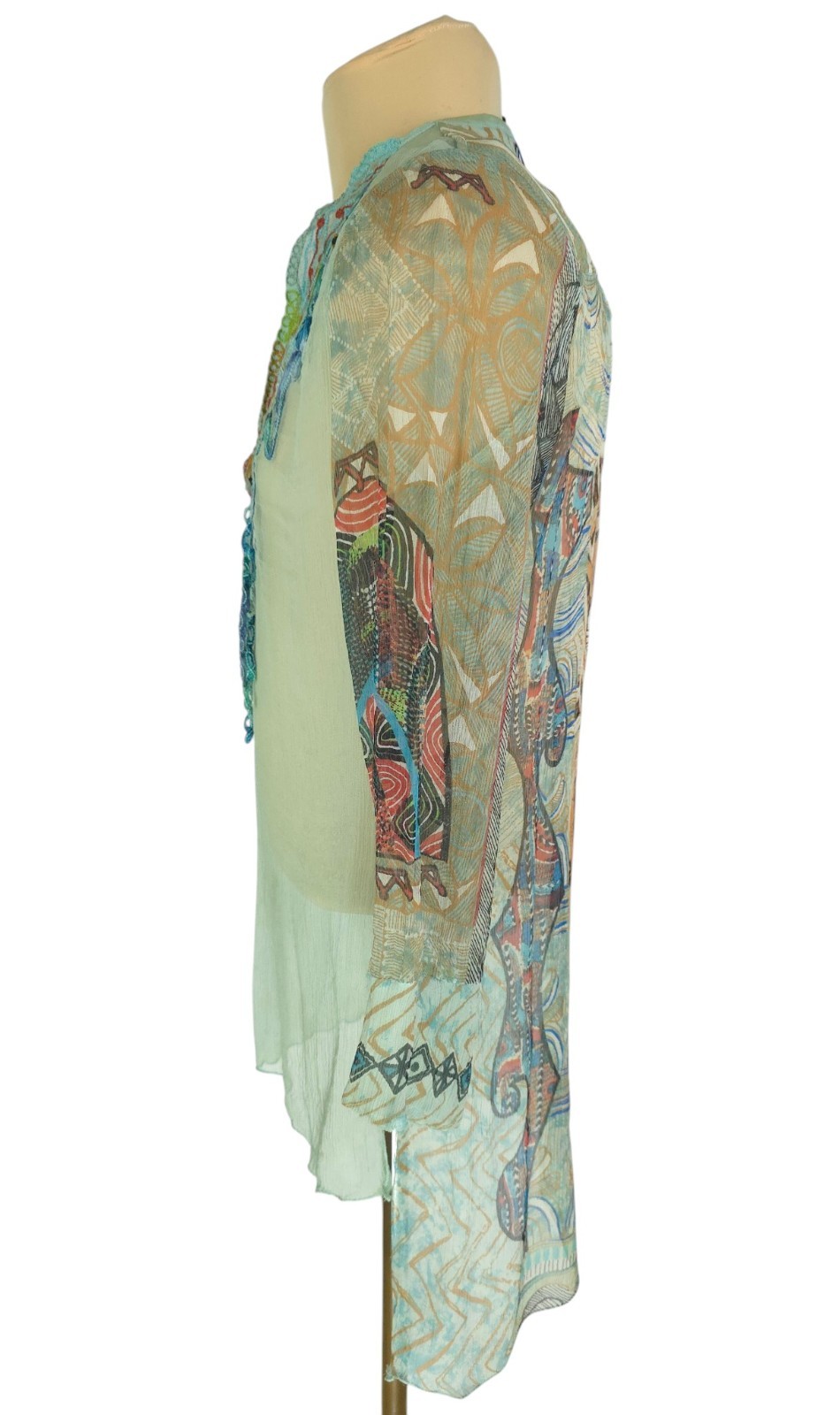Save The Queen! Mesh Sheer Boho Top Tunika Blouse Size L Mint Green Embroidered