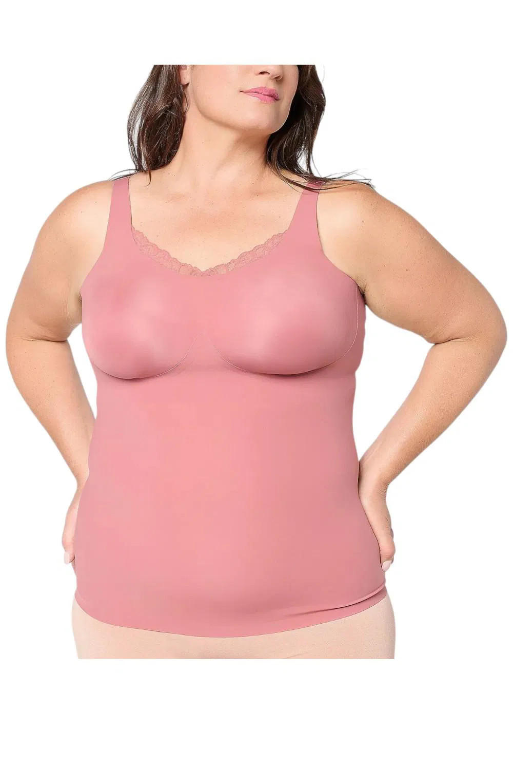 Evelyn & Bobbie Women’s Lace Trim V-Neck Seamless Bra Cami Pink Canyon