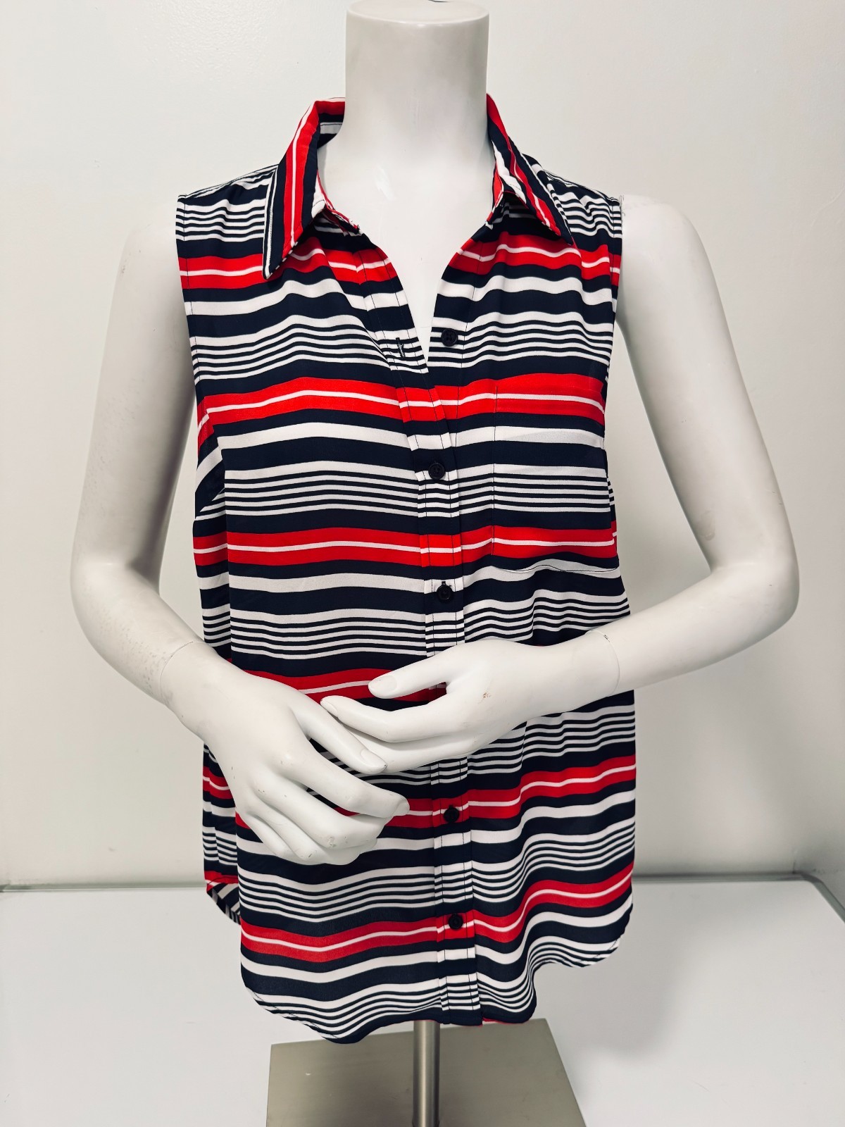 Michael Kors Women’s Multi Striped Collar Button Front Sleeveless Blouse Sz 10