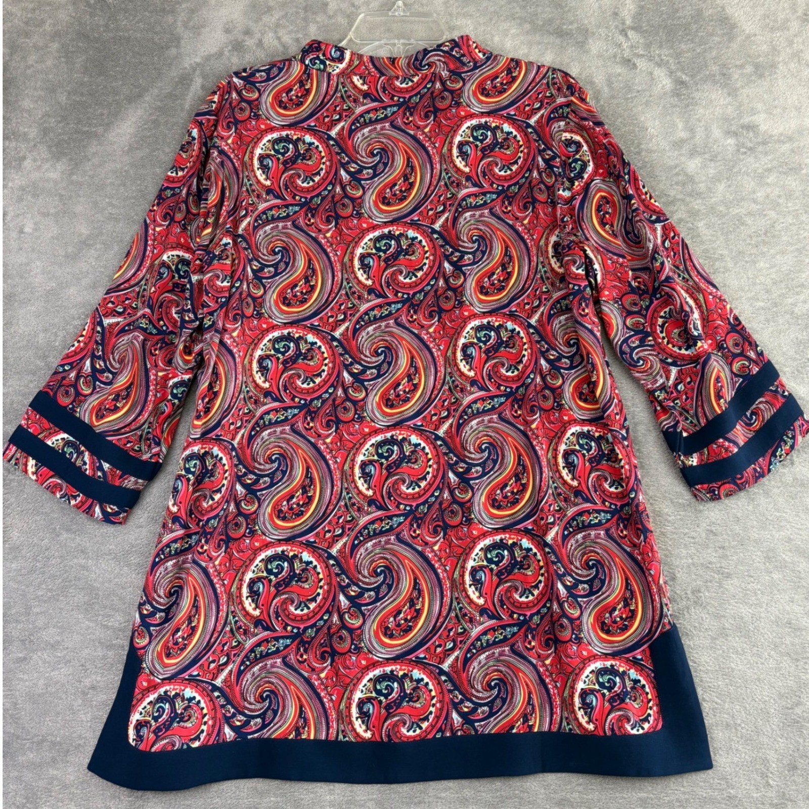 Tina Stephens Paisley Rayon Tunic Top M Red Blue 3/4 Sleeve Boho Festival Fun