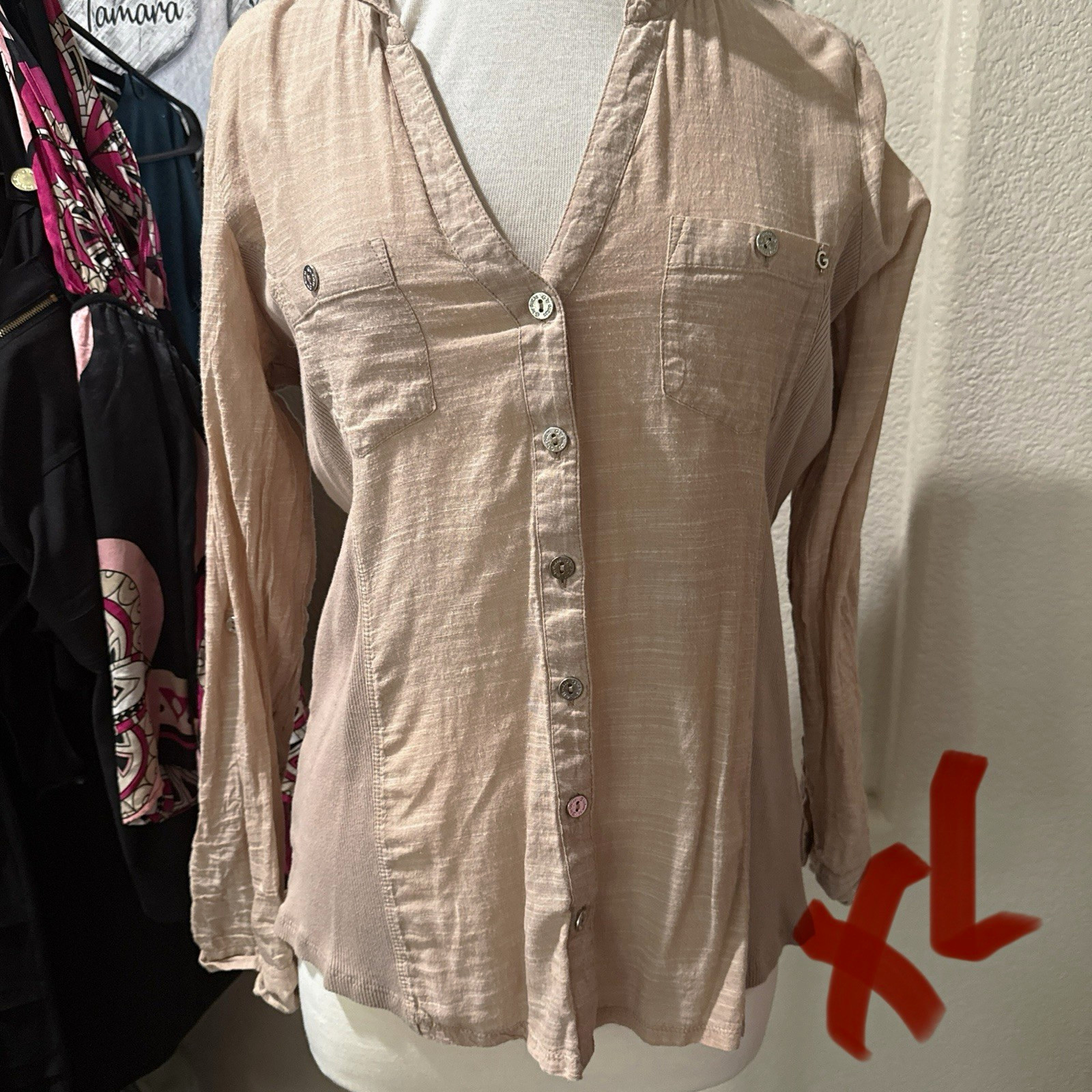 GUESS Beige Solid V-Neck Long Sleeve Button Front Linen Blend Blouse XL