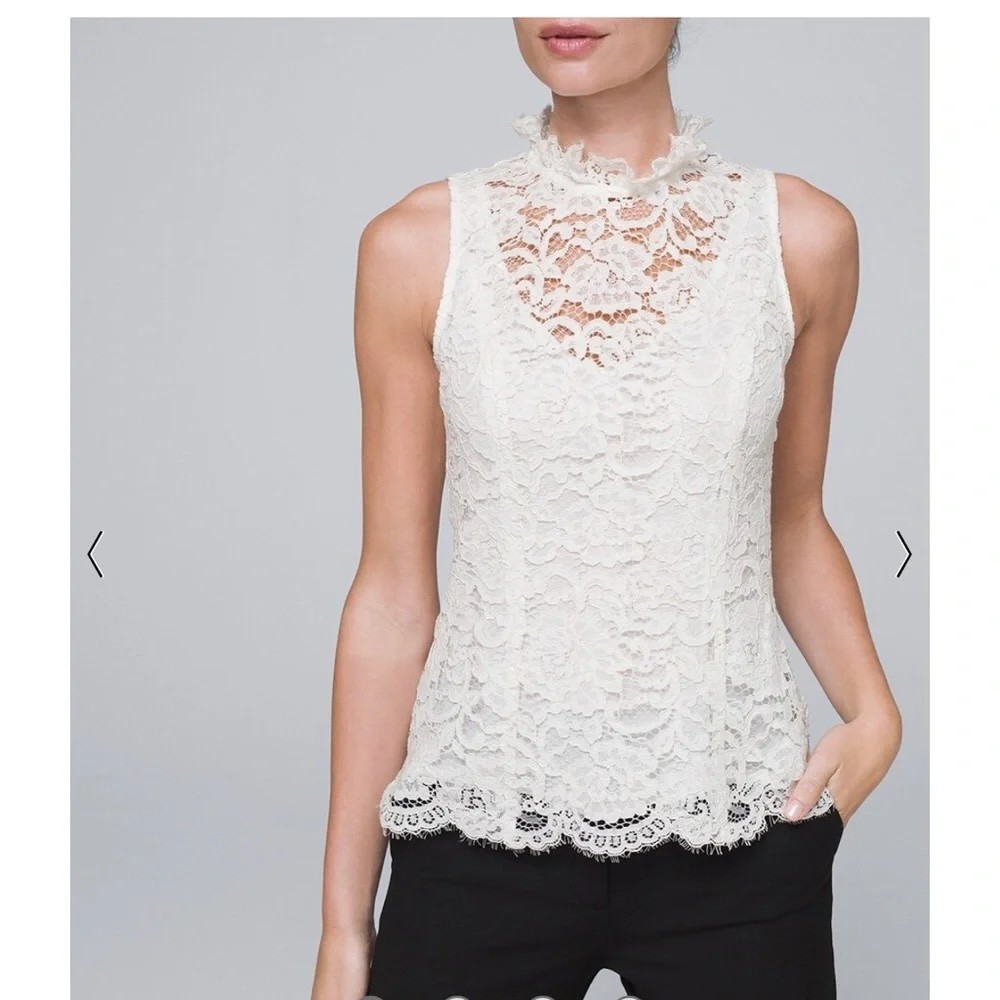 White House Black Market Ivory Lace Mock Neck Shell Top Size 12