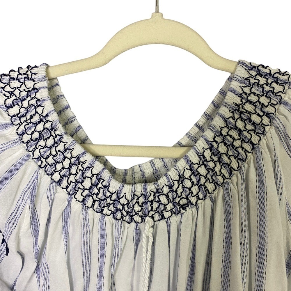 Magnolia Lane Blue White Striped Embroidered Boho Peasant Blouse Top Womens M