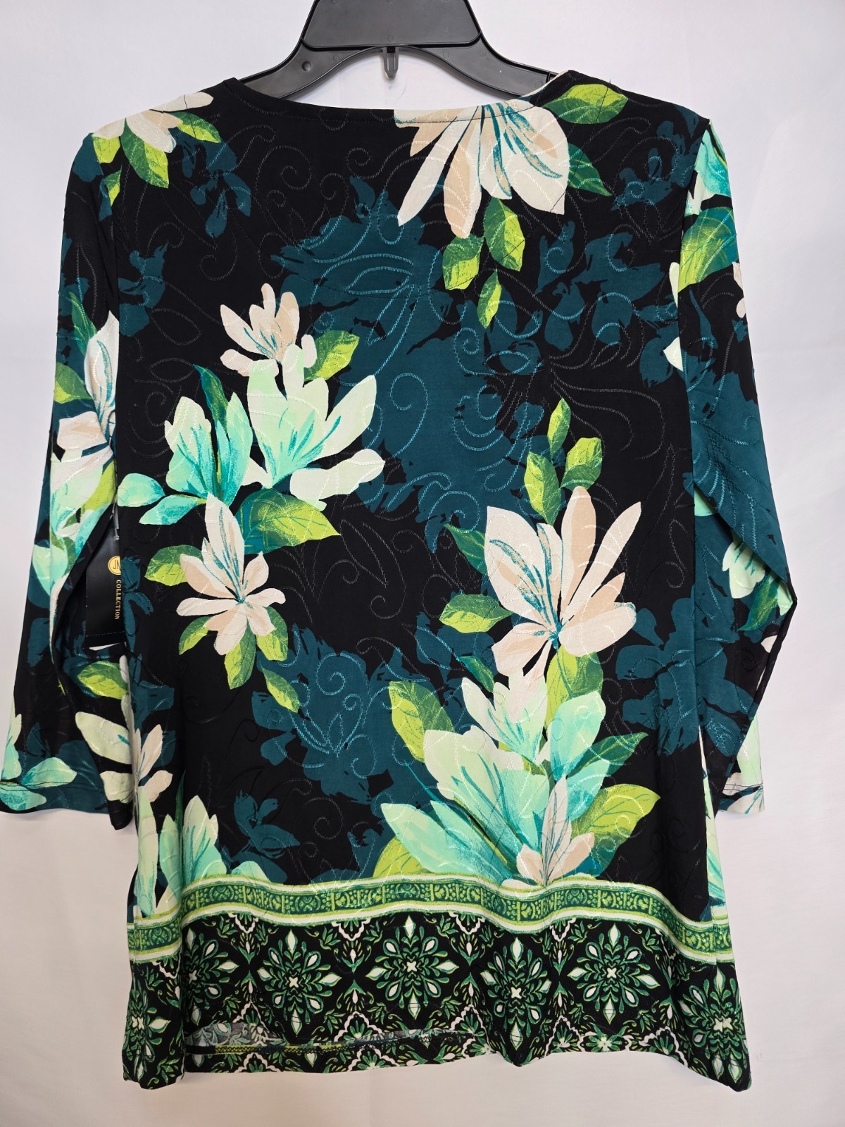 NWT JM Collection Womens Deep Black Floral Jacquard Knit 3/4 Sleeve Blouse Top S
