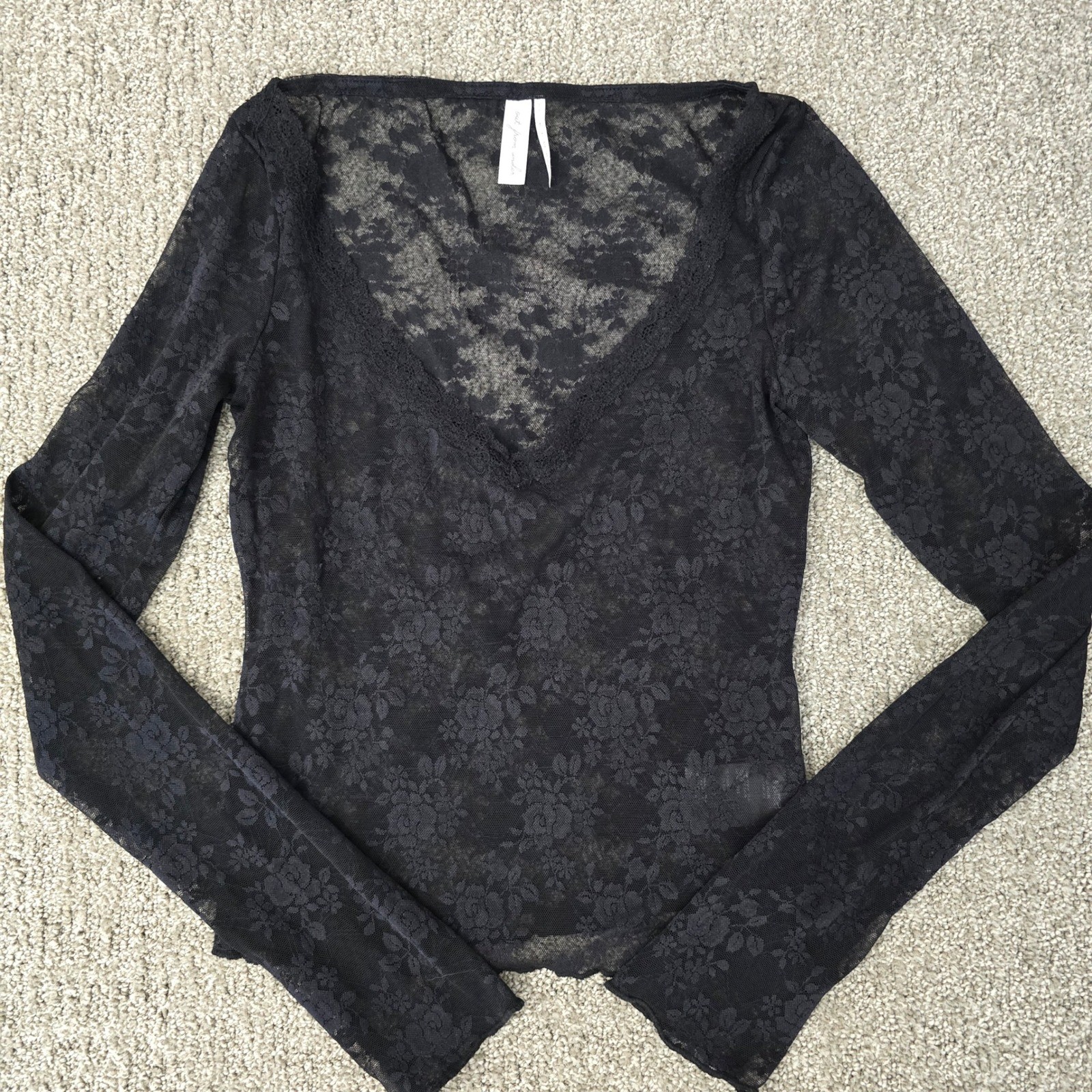 Out From Under Black Floral Mesh Top Sheer Lace Trim Goth Fairycore S