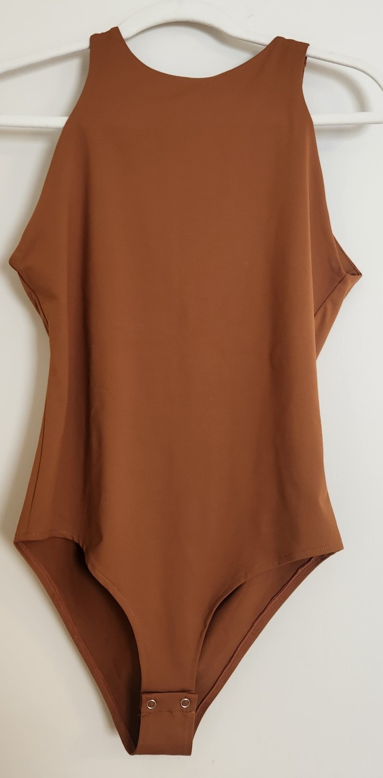 Reoria Womens Large Brown Sleeveless High Neck Bodysuit Stretch Solid Tank Top
