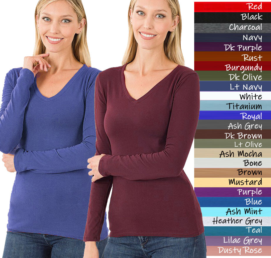 (Zenana Outfitters) V-Neck Long Sleeve T Shirt Basic Plain Solid Cotton Spandex