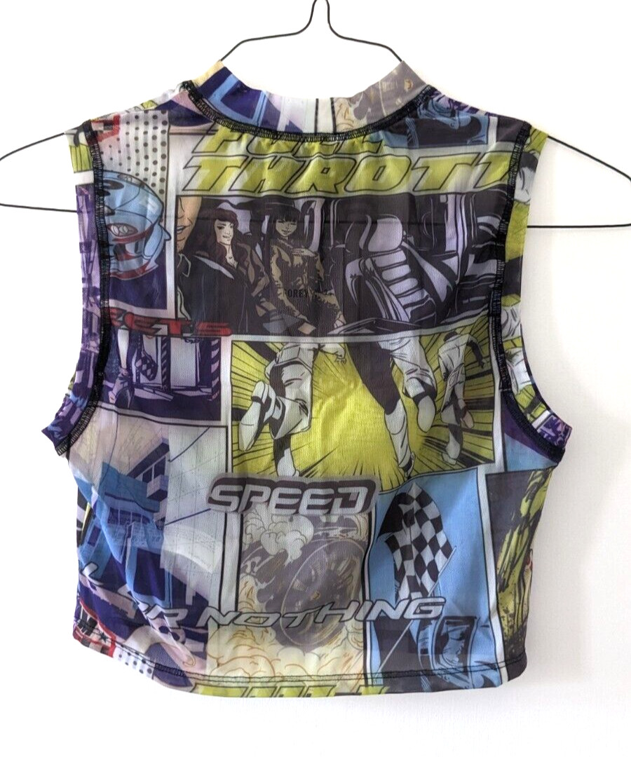 Comic Book Graphic Print Mesh Crop Top Shirt woman’s MEDIUM 80s 90s Y2K street