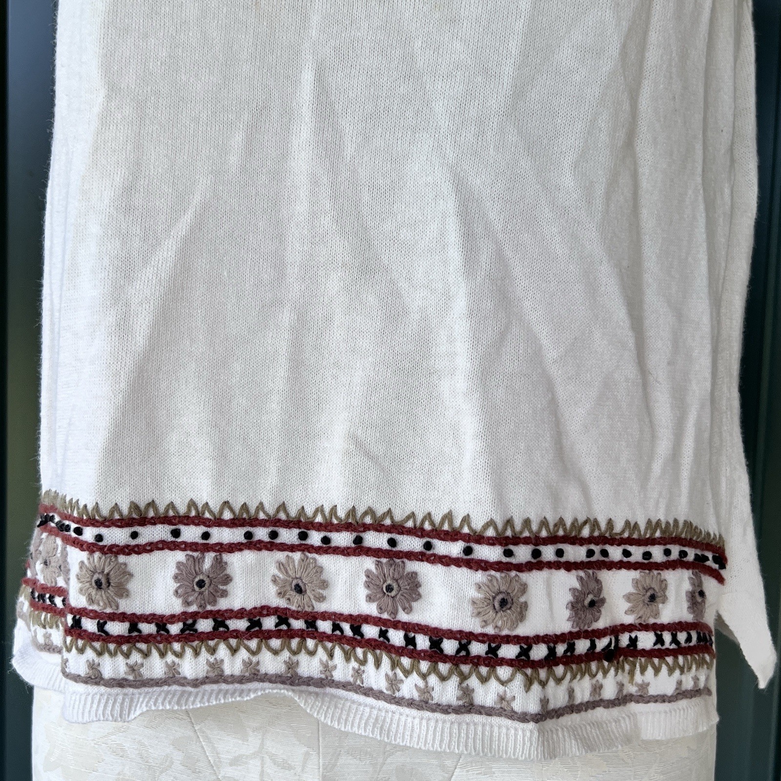Vintage 90s Ivory Rust Floral Embroidered Knit Tank Blouse Boho Artsy Earthy