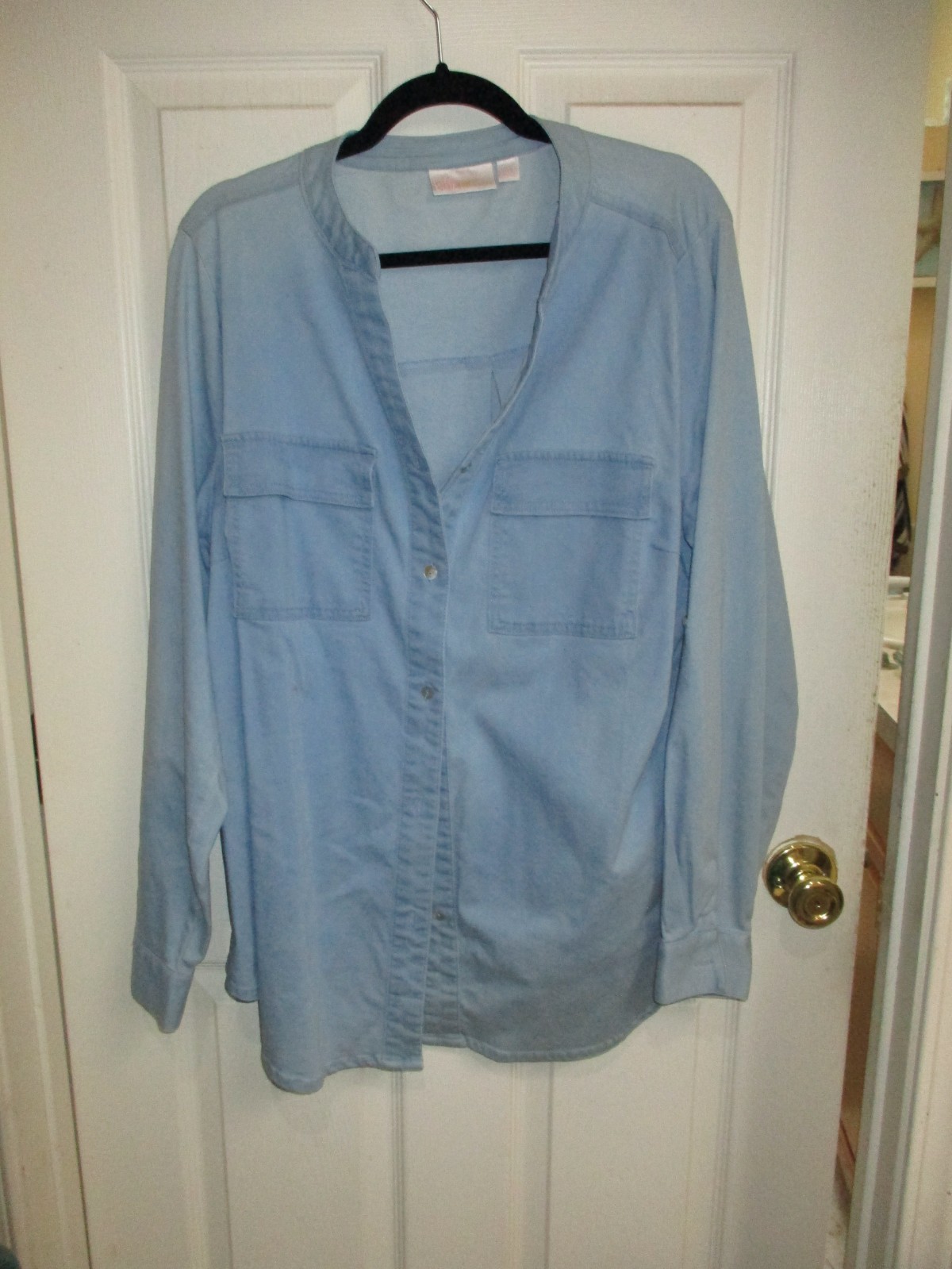 Belle Kin Gravel Blouse Blue Denim Long Sleeve Button Top Collarless Pockets- L