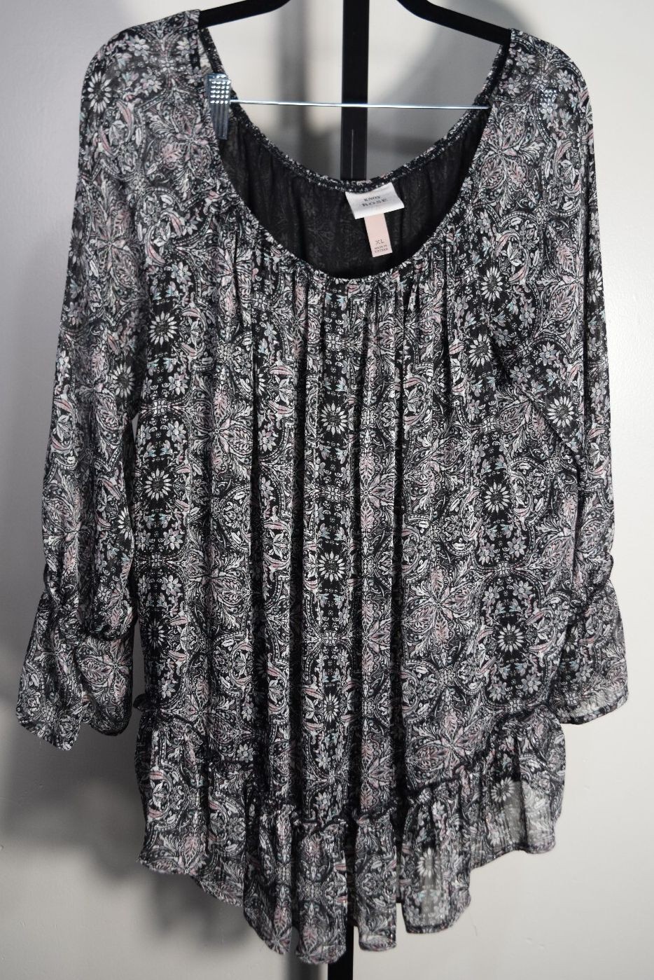 Knox Rose Black Paisley Peasant Blouse Size XL Boho Sheer Long Sleeve Scoop Neck