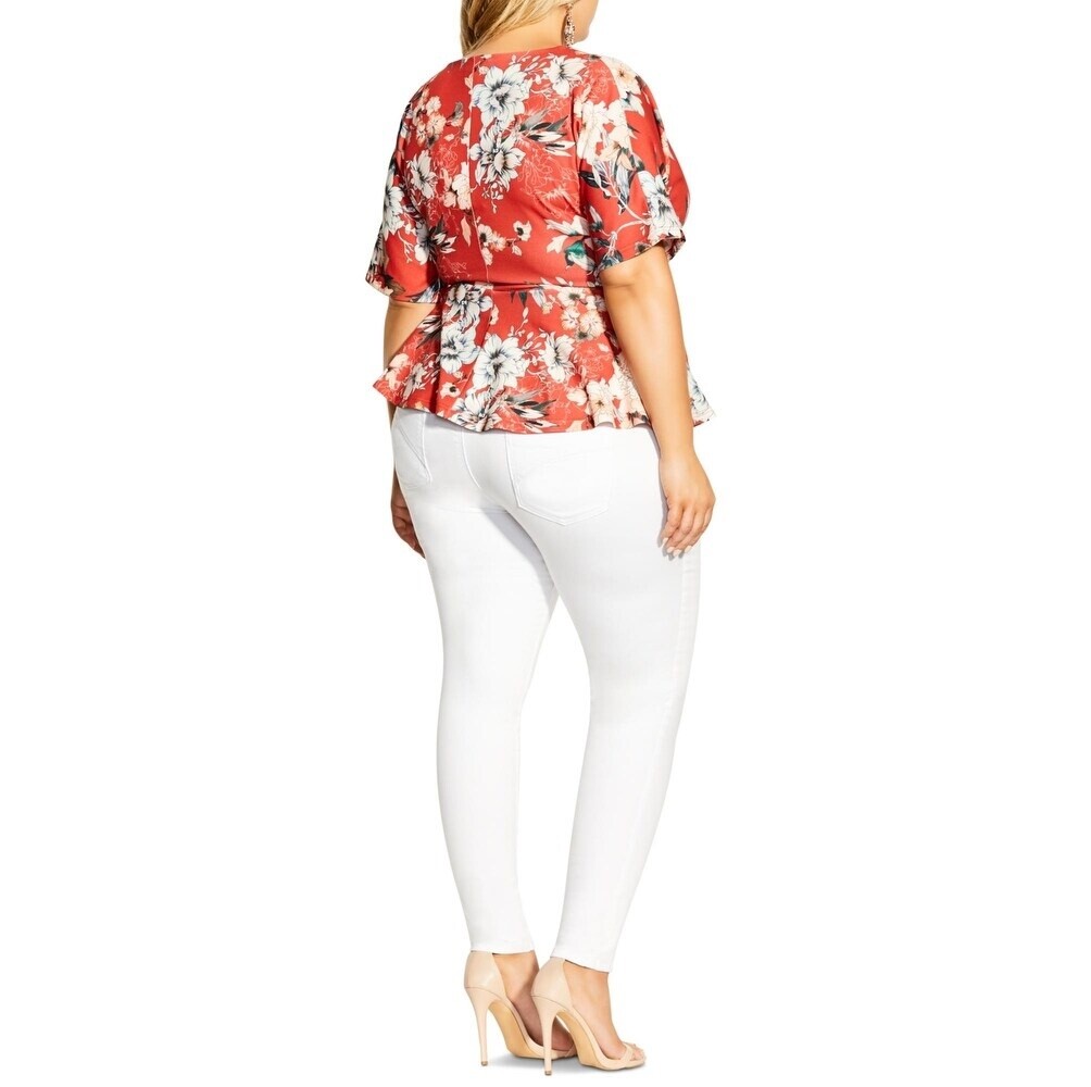 City Chic Womens Plus S/16 Red Floral Seduction VNeck Twist Front Top NWT AF42