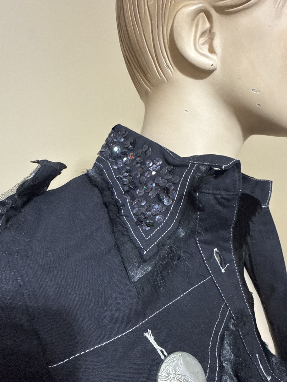 Women’s Black Rayon Casual Stretch Slim Beads Collar Size L Button-up Blouse Top