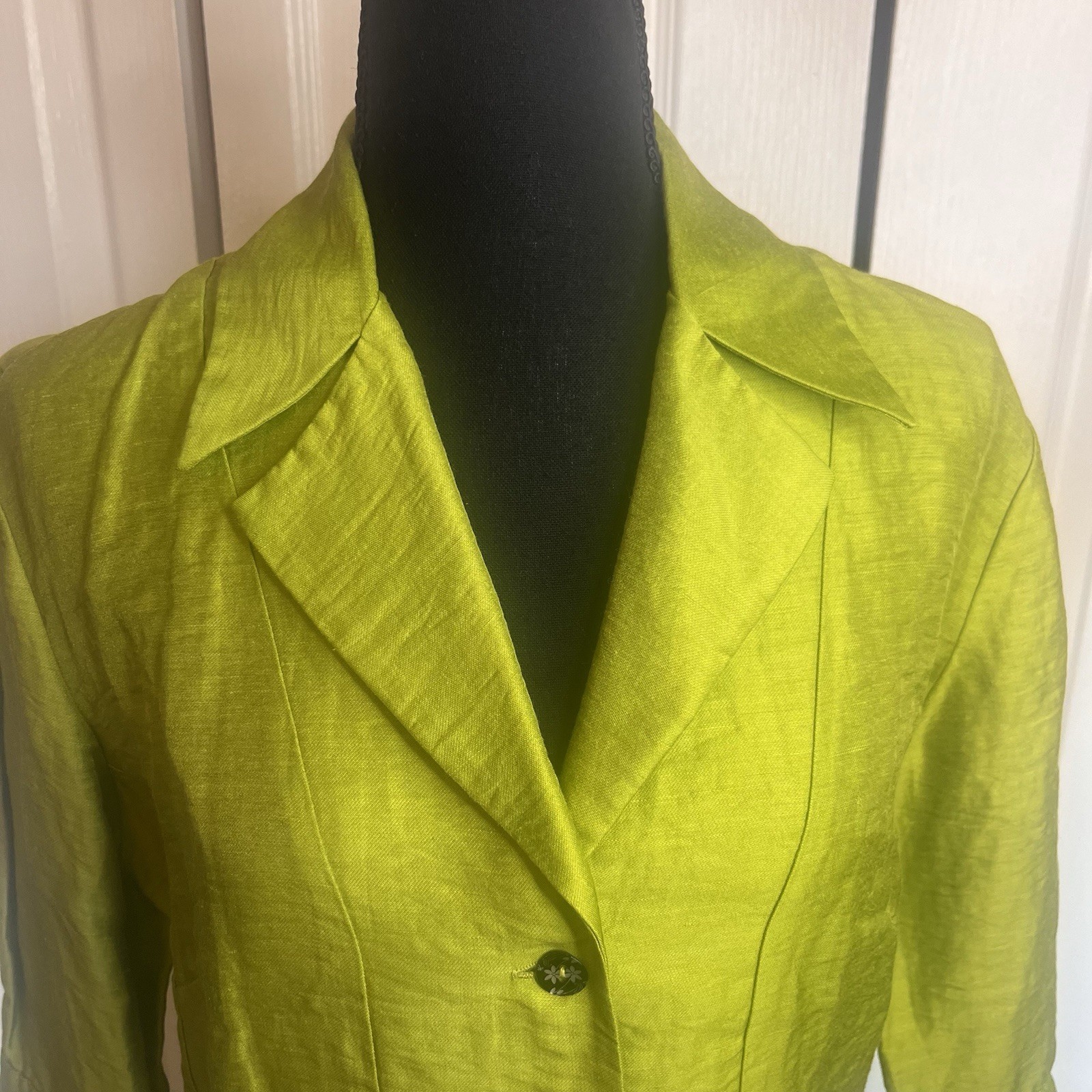 Farinaz Taghavi Linen Blend Blazer Sz 10 Green 3/4 Sleeve Floral Buttons Luxury