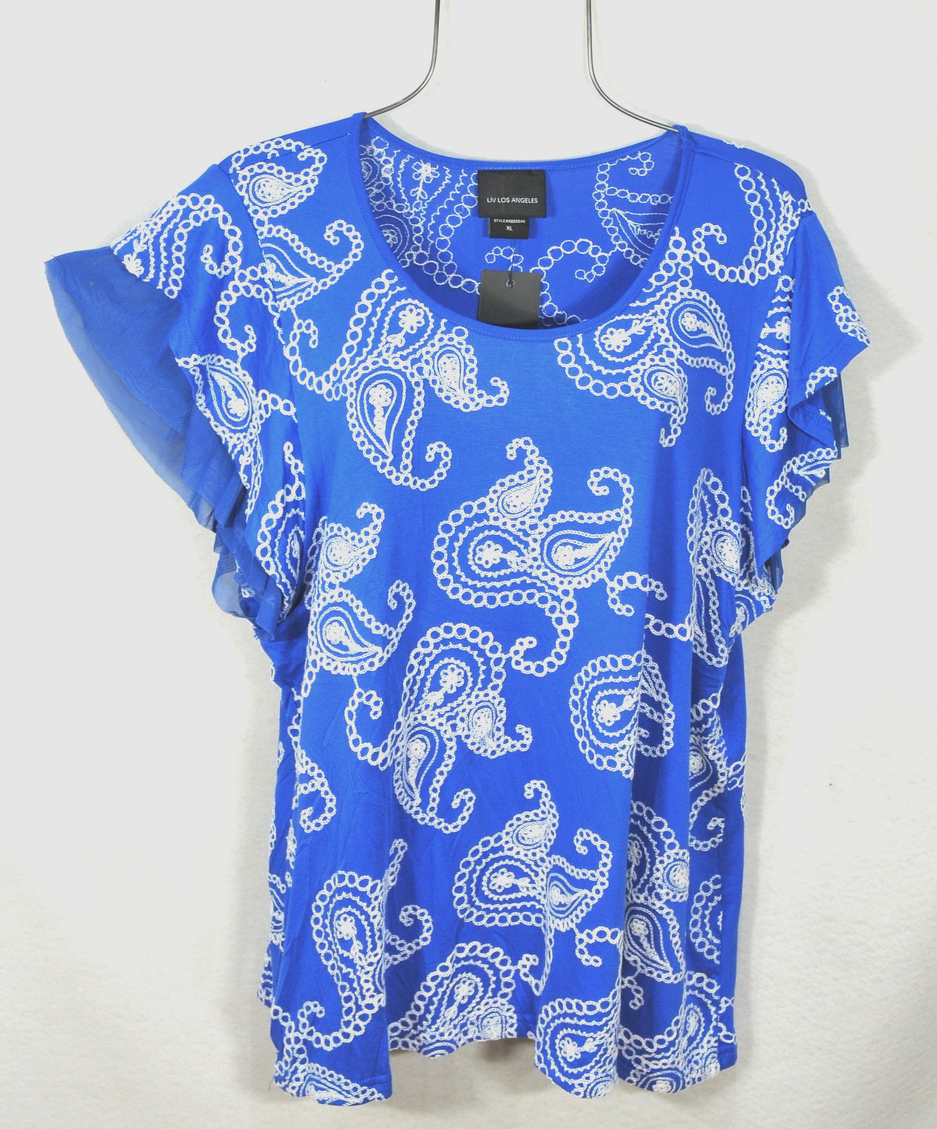 Liv Los Angeles Women’s Blouse XL Blue Paisley Embroidered Flutter Sleeve NWT