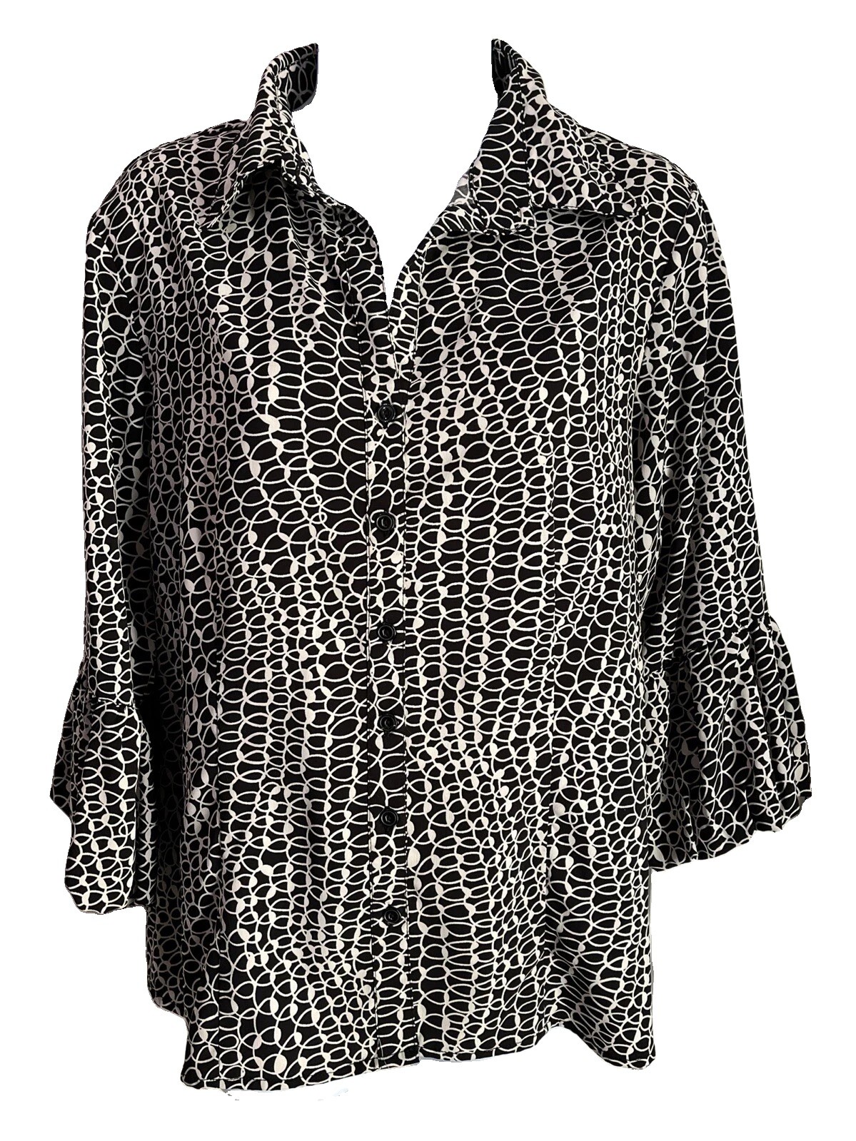 Ninety Brand Size L Black White Geometric Button Down Blouse Bell Sleeves Collar
