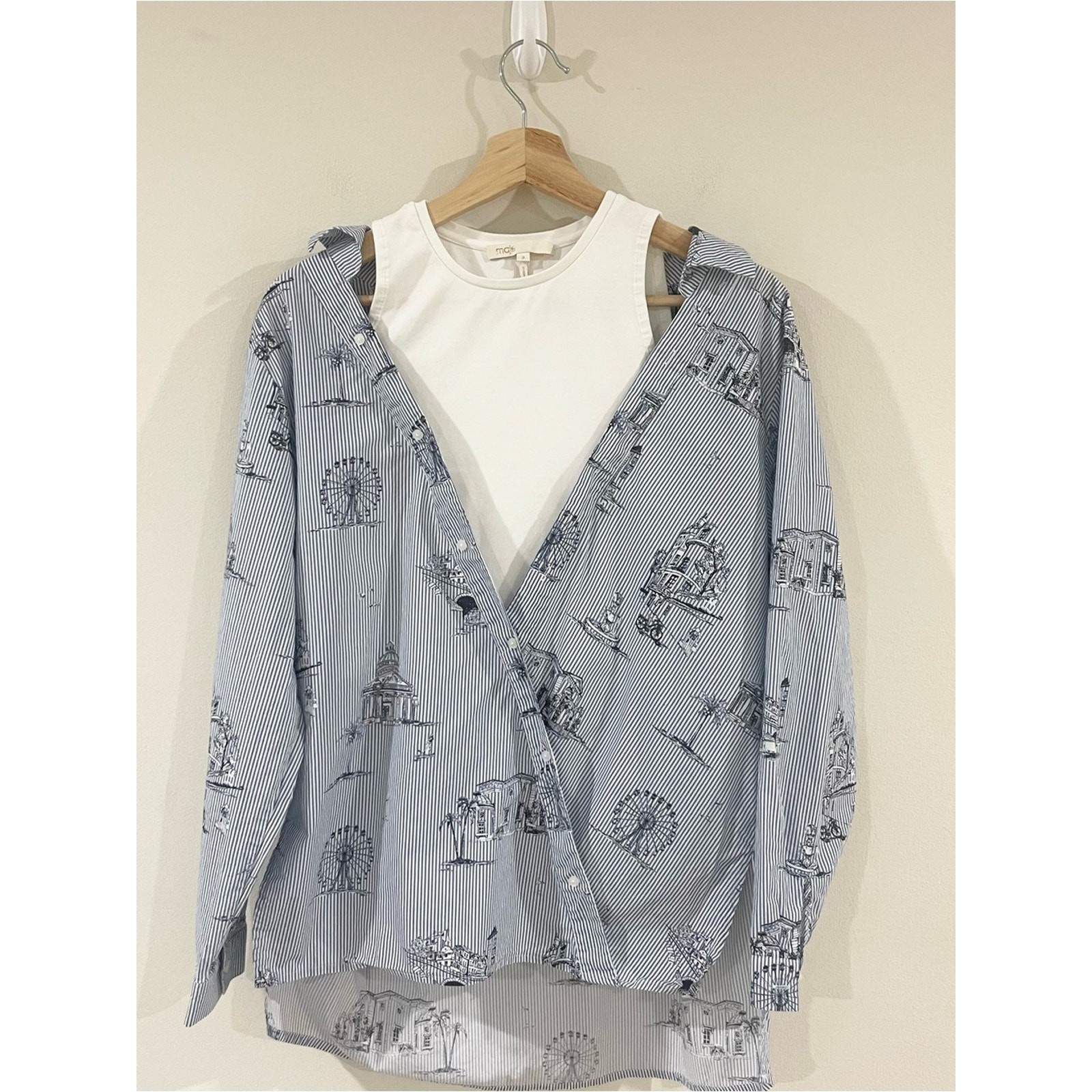 Maje Lasane Asymmetric Button Up Underlay Top Shirt Blue size Med