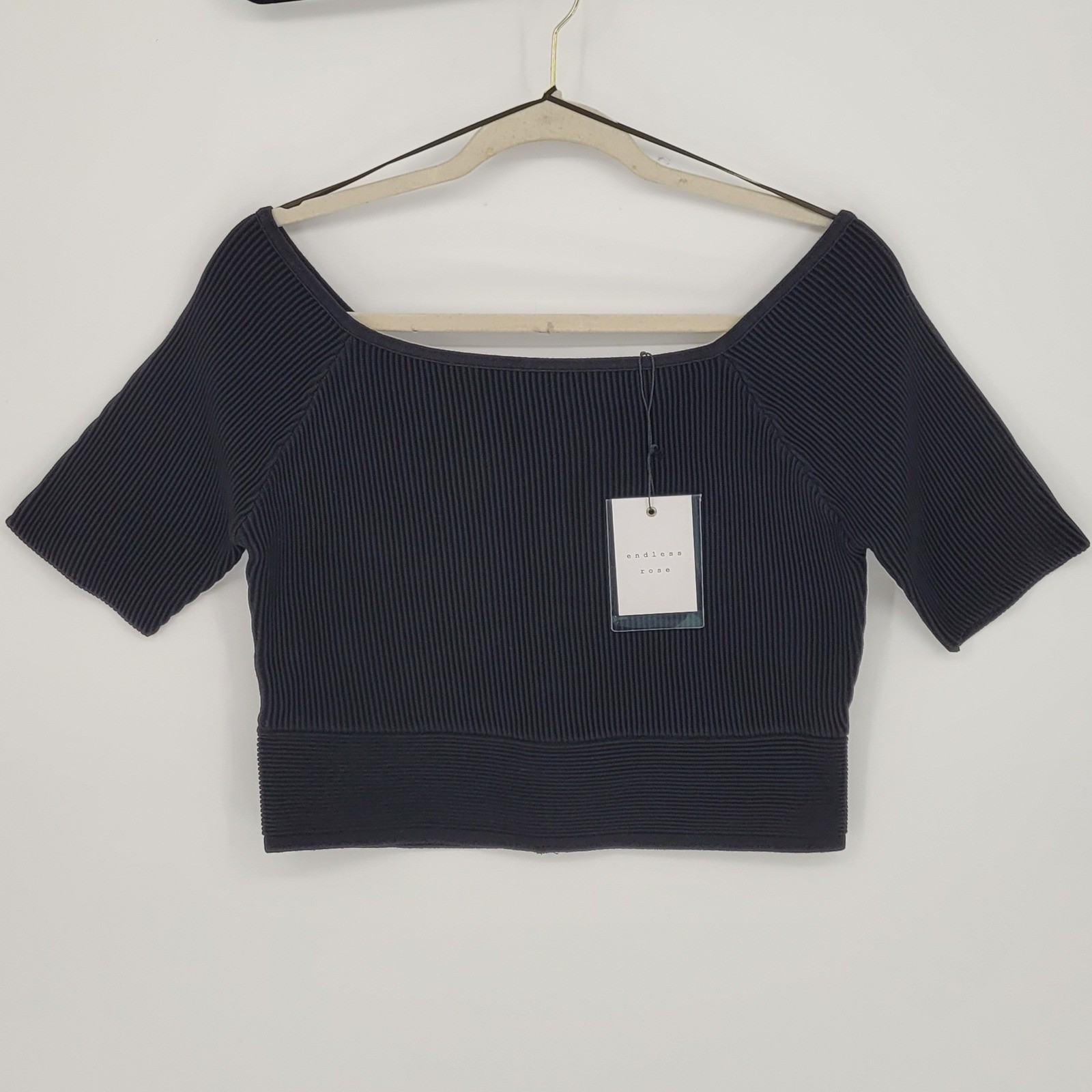 Endless Rose Black Ribbed Knit Crop Top NWT Sz L Coquette Balletcore minimalist
