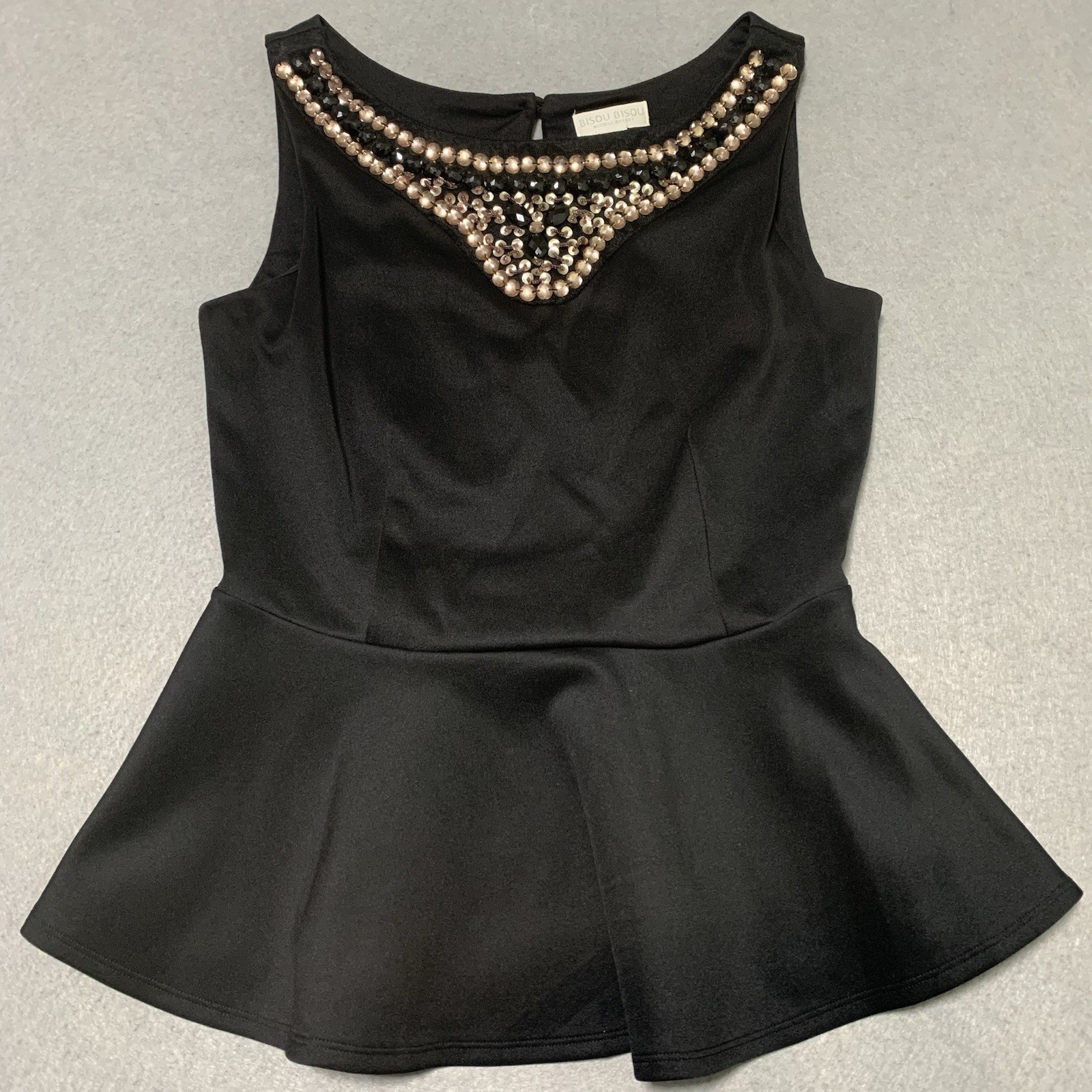Bisou Bisou Black Peplum Top Size S Embellished Beads Neckline Sleeveless