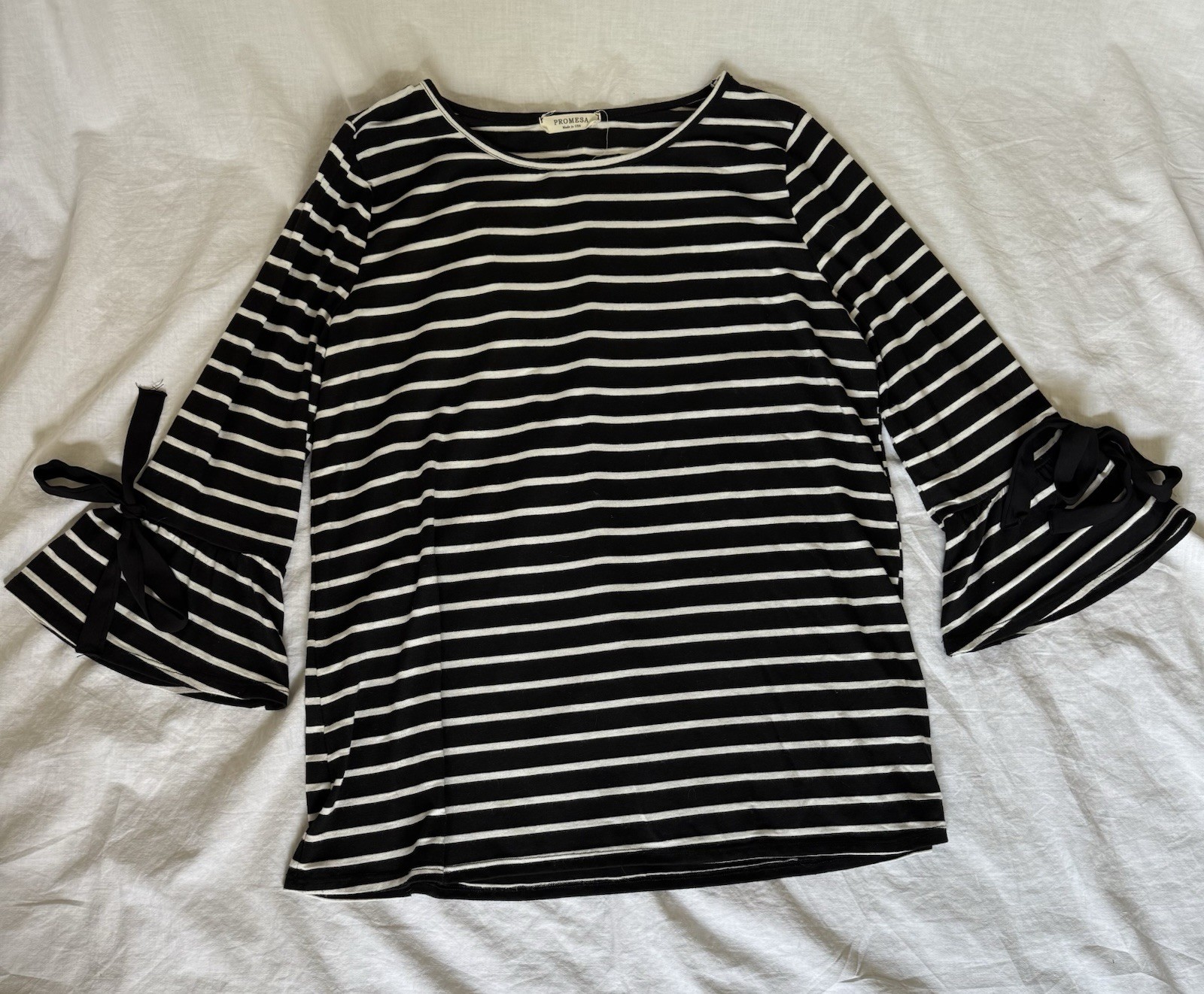 Promesa shirt Top Black White Stripes Made In USA women’s Large 3/4 Sleeves