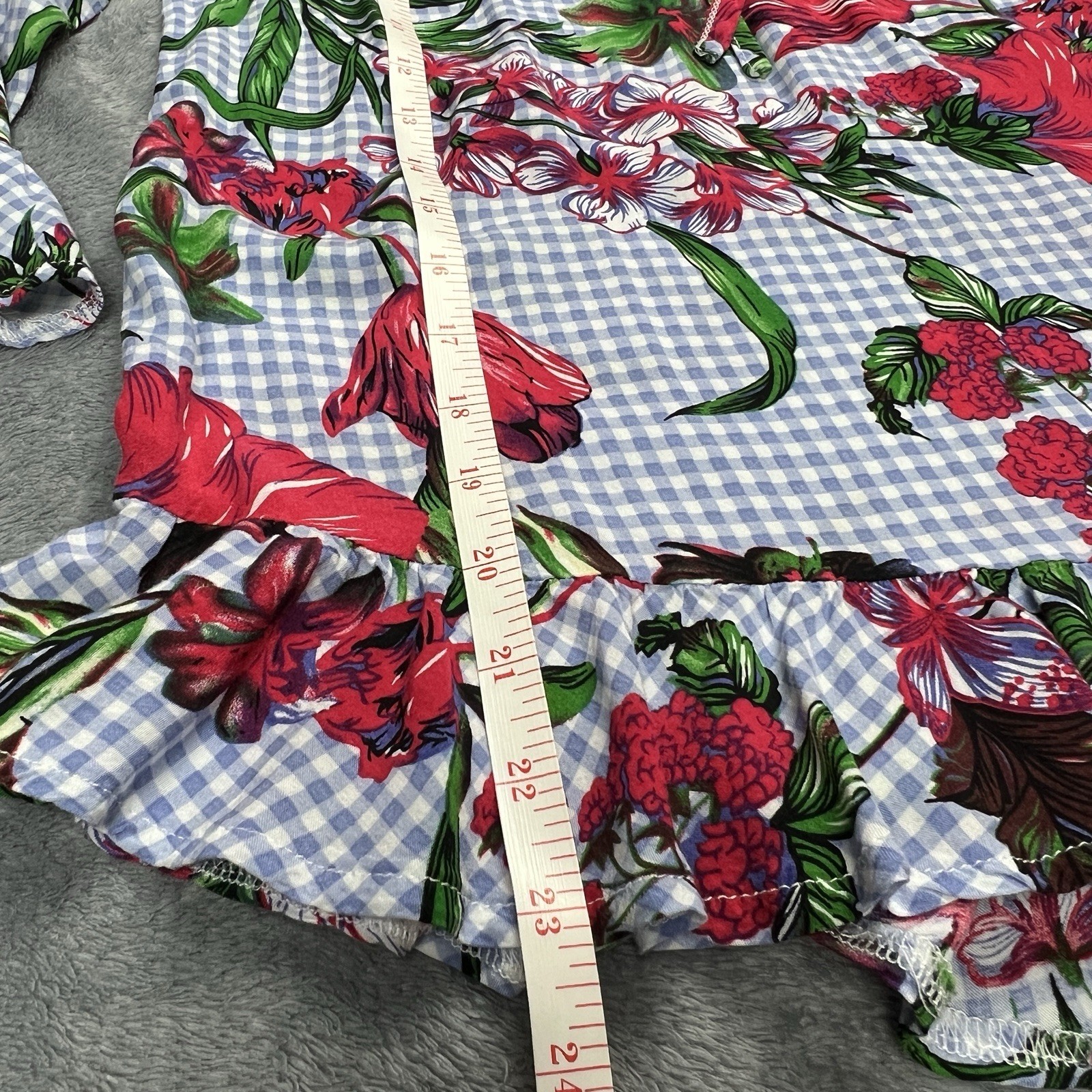 Aura Blue Women Med Peasant Gingham Blue Red Floral Boho Blouse Ruffle *See Pics