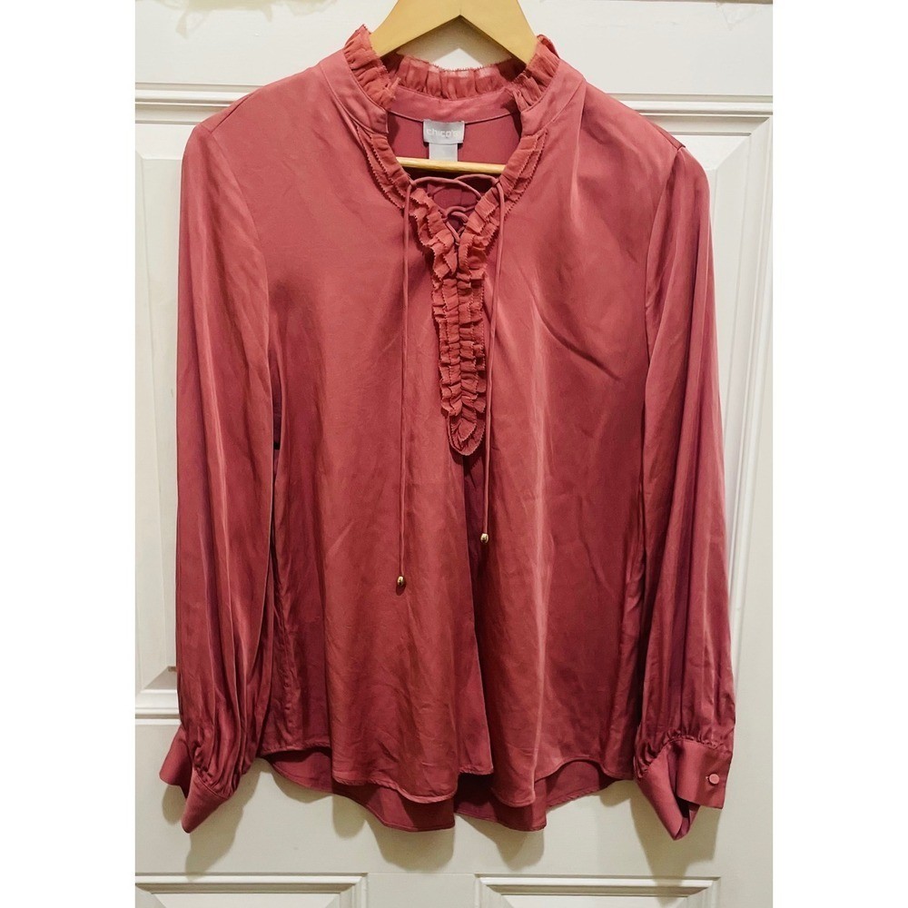 Chico’s Ruffle Neck Long Sleeve Blouse Top Rosewood Pink Elegant