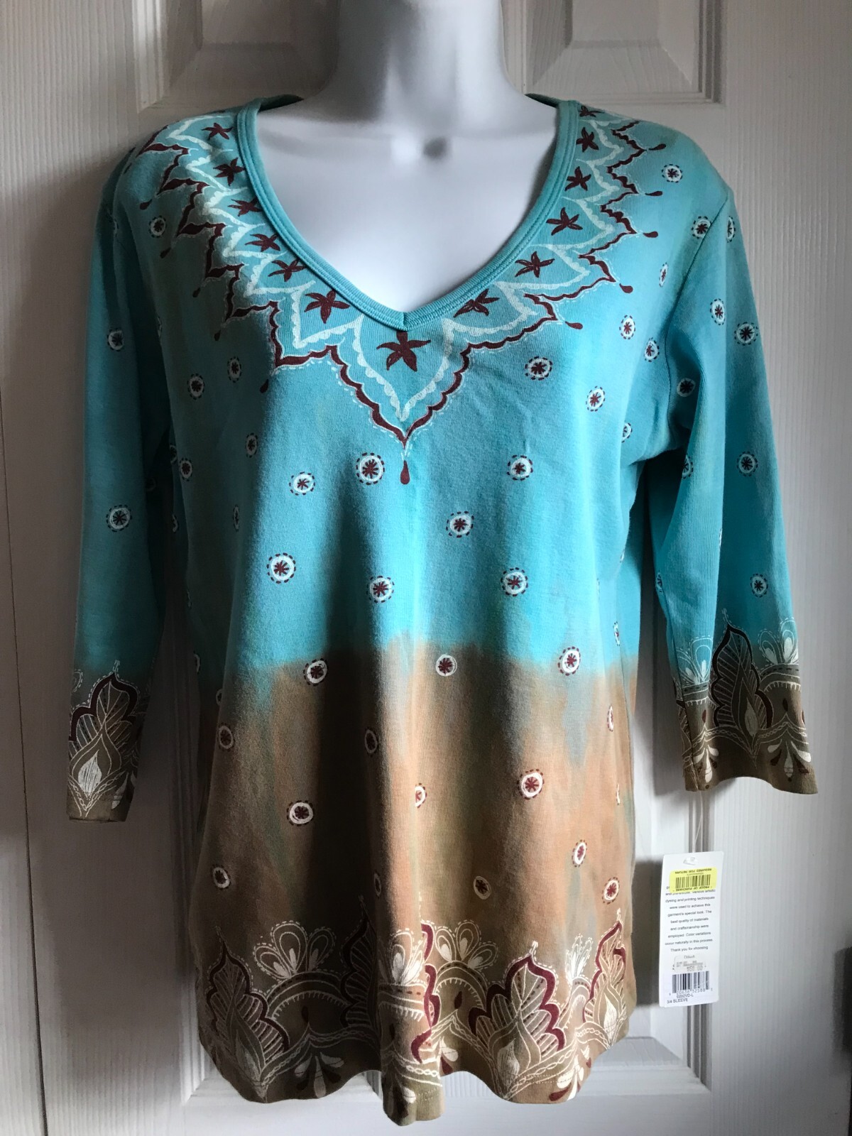 NEW ~ SIVAN ~ WOMAN’S COTTON TUNIC TOP ~ V-NECK ~ 3/4 SLEEVE ~ TAGS