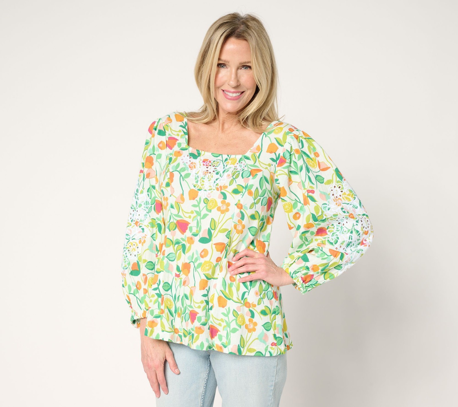 Susan Graver Women’s Top Sz L PURE Embroidered Printed Multi-colored A684083