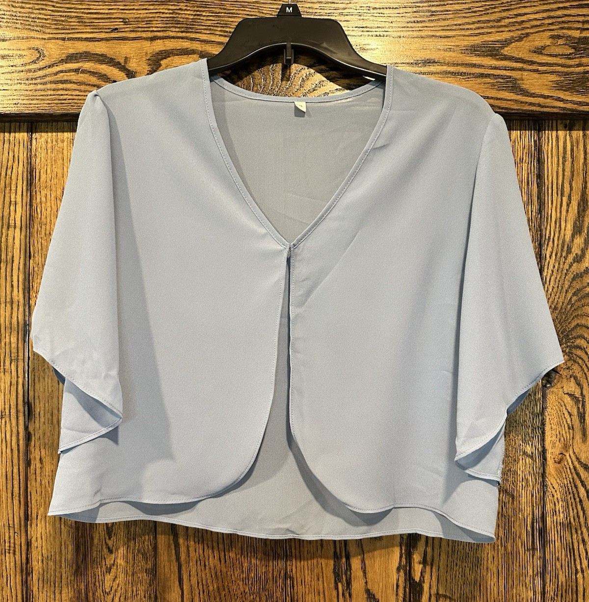 Women’s Blue Shear V-Neck Kimono Shawl Blouse Flutter Short Sleeve Polyester M