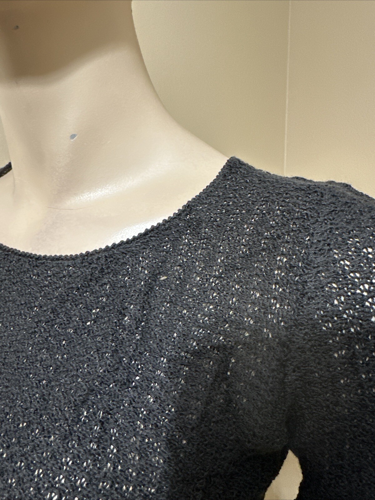 Women’s Black Cotton Crochet Casual Stretch Slim Sheer Lace Beaded One Size Top