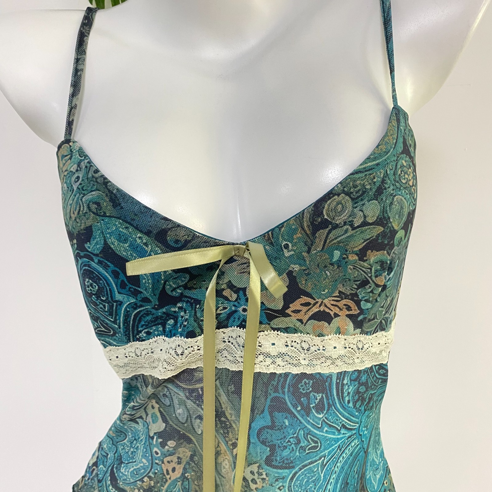 Teal Paisley Mesh Cami White Lace Olive Ribbon Bow Y2K Ruffle Hem Tank Top