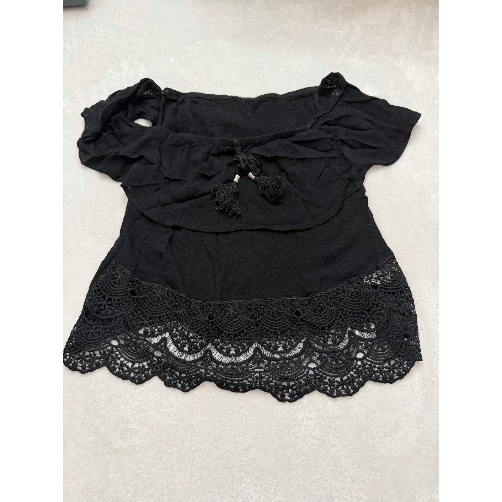Boho Black Off the Shoulder Ruffle Top Crochet Lace Trim Peasant Blouse