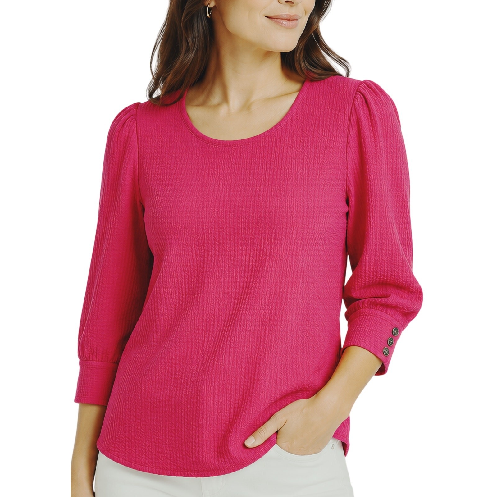 Talbots Pink Puff Sleeve Rib Knit Top SP Cotton Blend NWT Career Preppy
