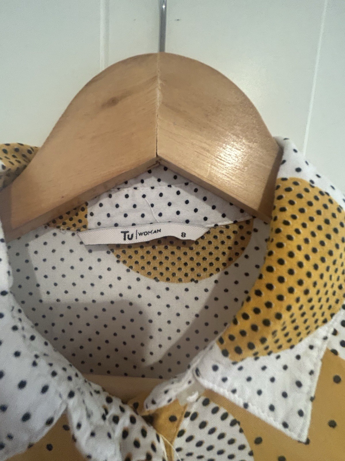 TU UK 8 Mustard White Polka Dot Shirt 100% Viscose Long Sleeve Button Blouse
