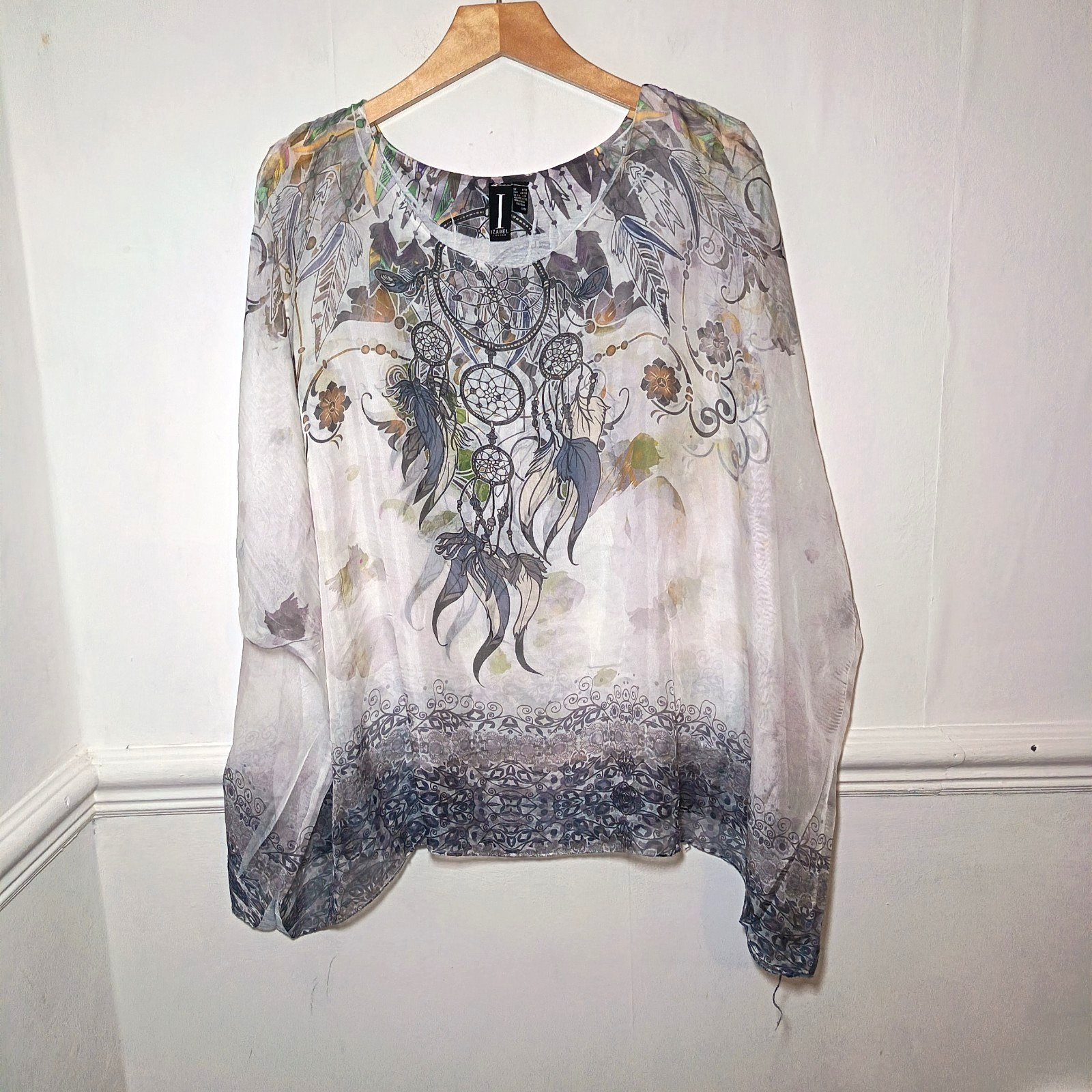 Izabel Womens Top Grey Size UK 8 10 Boho Print Sheer Batwing White Lagenlook